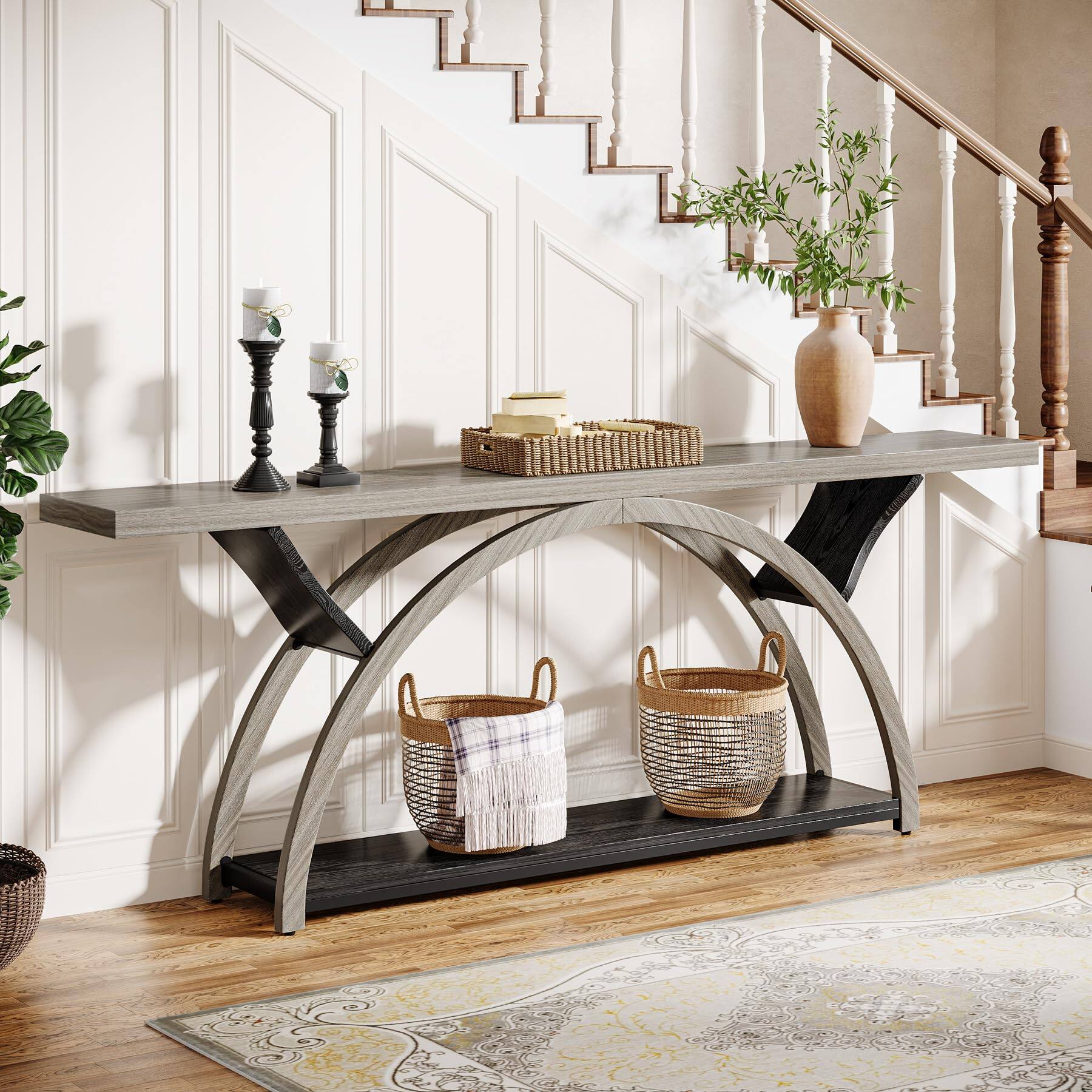 Alt View 1. Tribesigns - 70.87" Console Table, Industrial Sofa Table Behind Couch with 2 Tiers of Storage Shelves for Living Room, Hallway, Entra - Gray & Black.