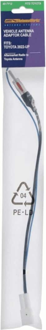 The text on the image is: "40-TY12 FITS TOYOTA umin A.T. APSTEWE VEHICLE ANTENNA ADAPTOR CABLE FITS: TOYOTA 2022-UP Aftermarket Radio to Toyota Antenna 04 PE-L L."