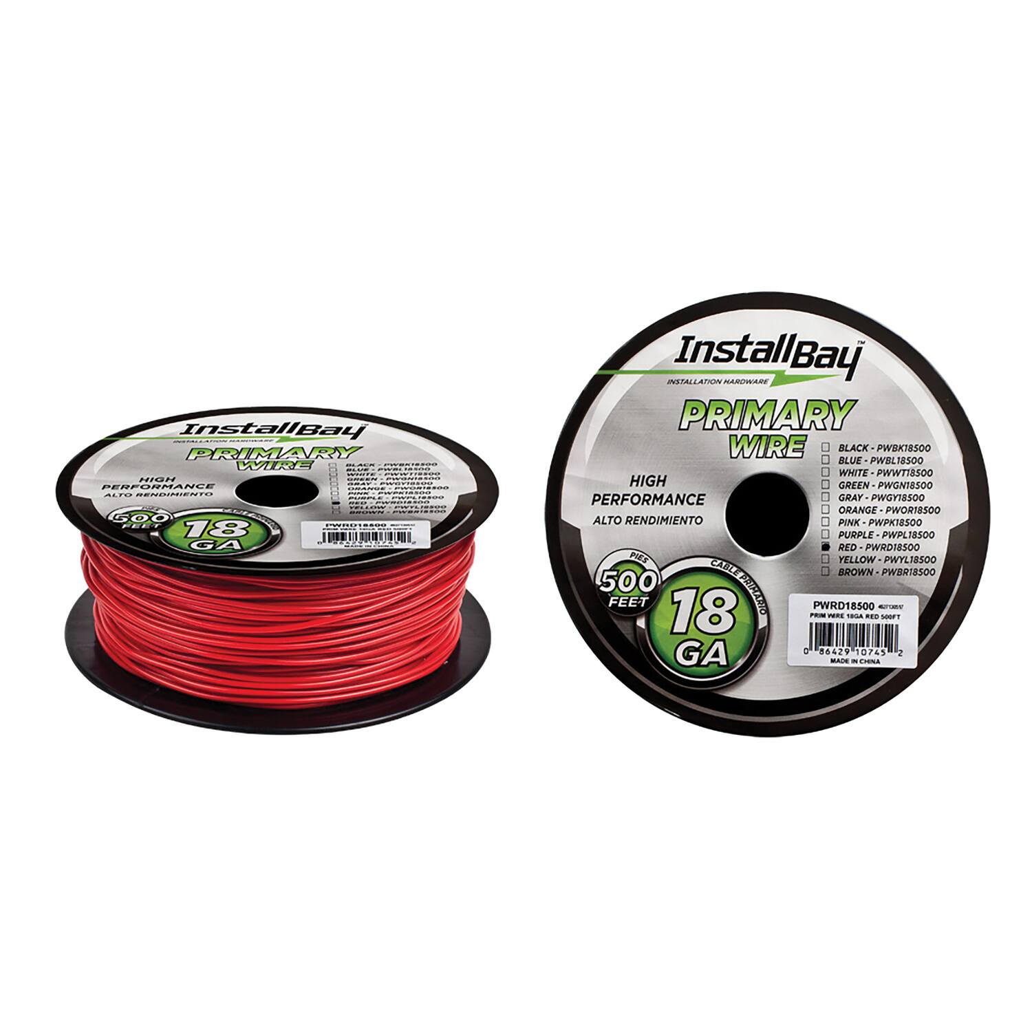 InstallBay PRIMARY WIRE  
HIGH PERFORMANCE  
18 GA  
500 FEET  

InstallBay PRIMARY WIRE  
HIGH PERFORMANCE  
18 GA  
500 FEET  

COLORS:  
- BLACK - PWB18500  
- BLUE - PWB18500  
- WHITE - PWB18500  
- GRAY - PWB18500  
- ORANGE - PWB18500  
- PINK - PWB18500  
- PURPLE - PWB18500  
- YELLOW - PWB18500  
- BROWN - PWB18500  

ALTO RENDIMIENTO  
18 GA  
500 FEET  

PWRD18500  
INSTALLATION HARDWARE  
PRIMARY WIRE  
HIGH PERFORMANCE  
18 GA  
500 FEET  

PWB18500  
INSTALLATION HARDWARE  
PRIMARY WIRE  
HIGH PERFORMANCE  
18 GA  
500 FEET  

MADE IN CHINA  

086429 10745  
2 MAUE - CHENA