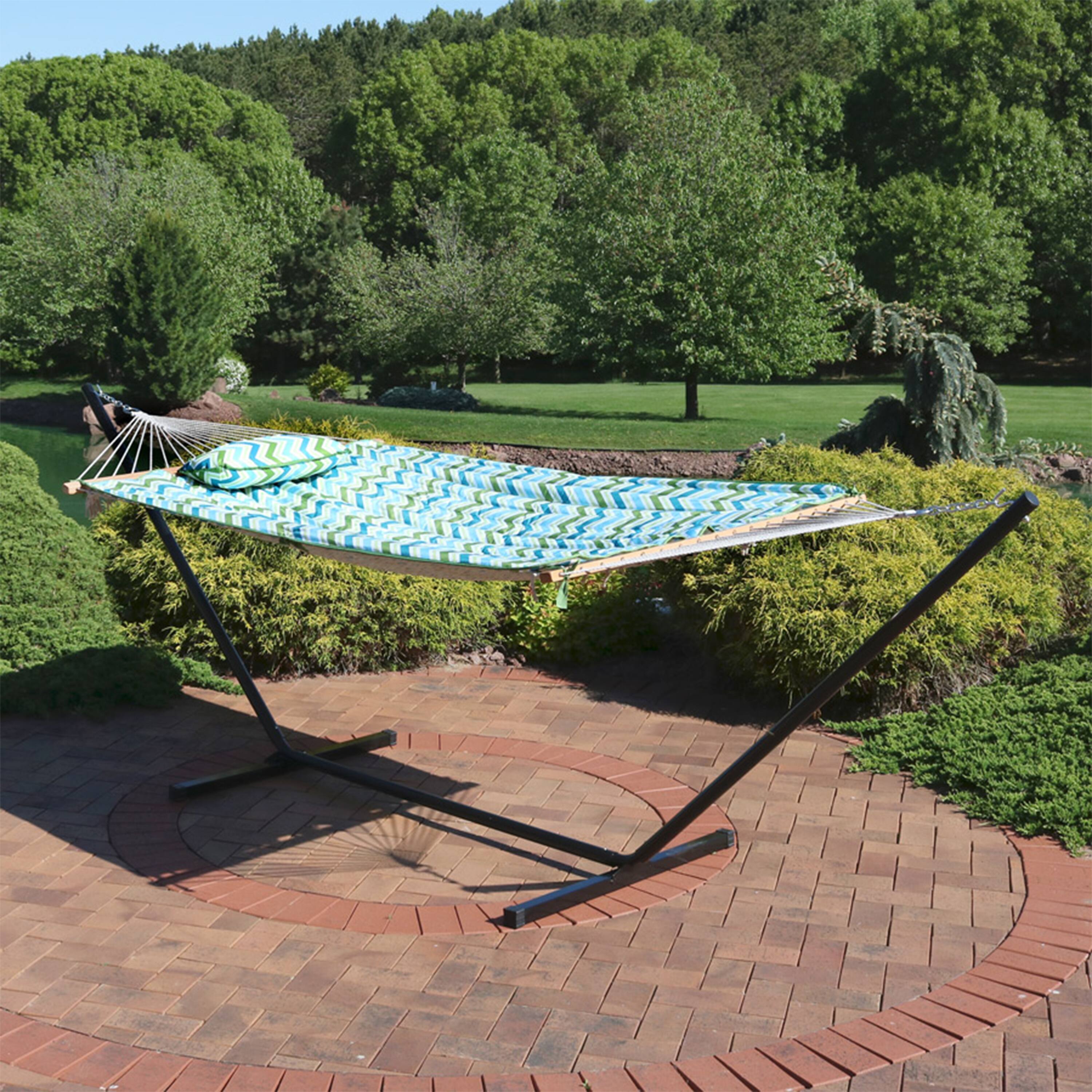 Alt View 8. Sunnydaze - Large Rope Hammock with Steel Stand and Pad/Pillow - Blue & Green Chevron.