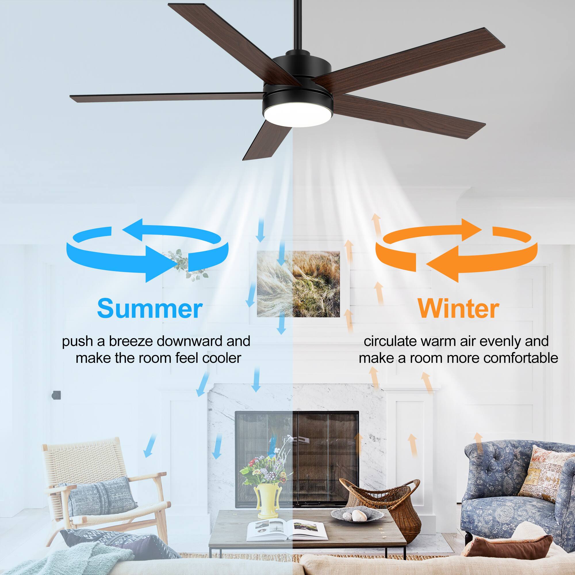 Summer: push a breeze downward and make the room feel cooler
Winter: circulate warm air evenly and make a room more comfortable