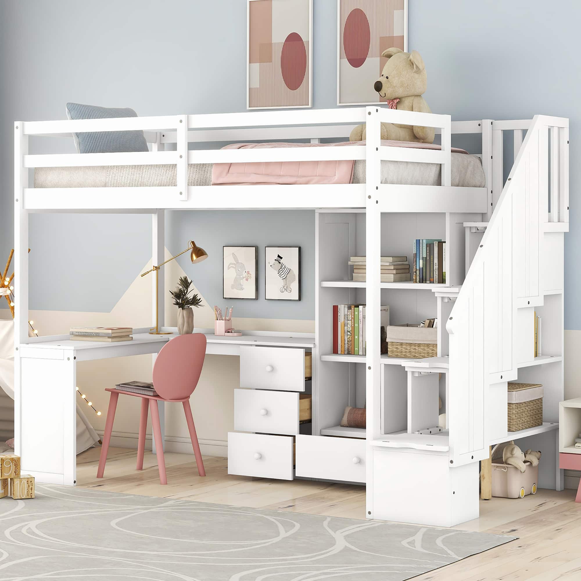 Tiramisubest - Twin Size Loft Bed with Desk, Drawers, Cabinet, Storage Staircase, White, Pine Wood - White