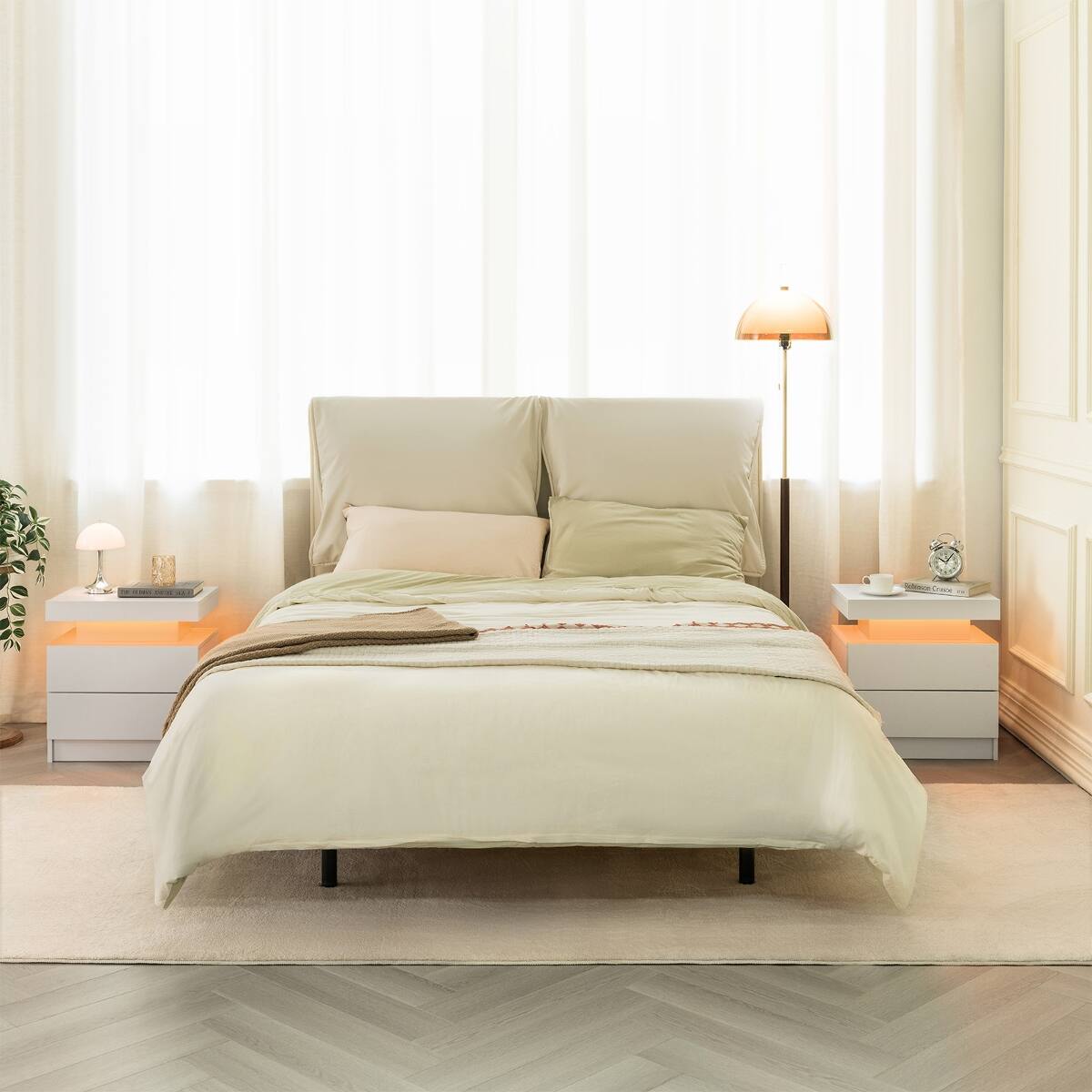 Alt View 2. Loheer - Loheer LED Nightstand With Drawers, White Engineered Wood Bedside Table With Adjustable Lights - White.