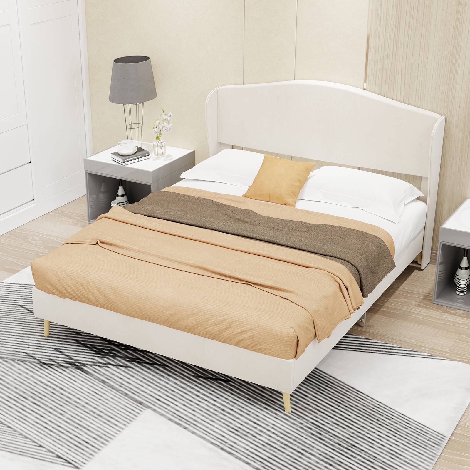 Left. LUCKY ONE - Full Size Velvet Upholstered Bed Frame - Beige.
