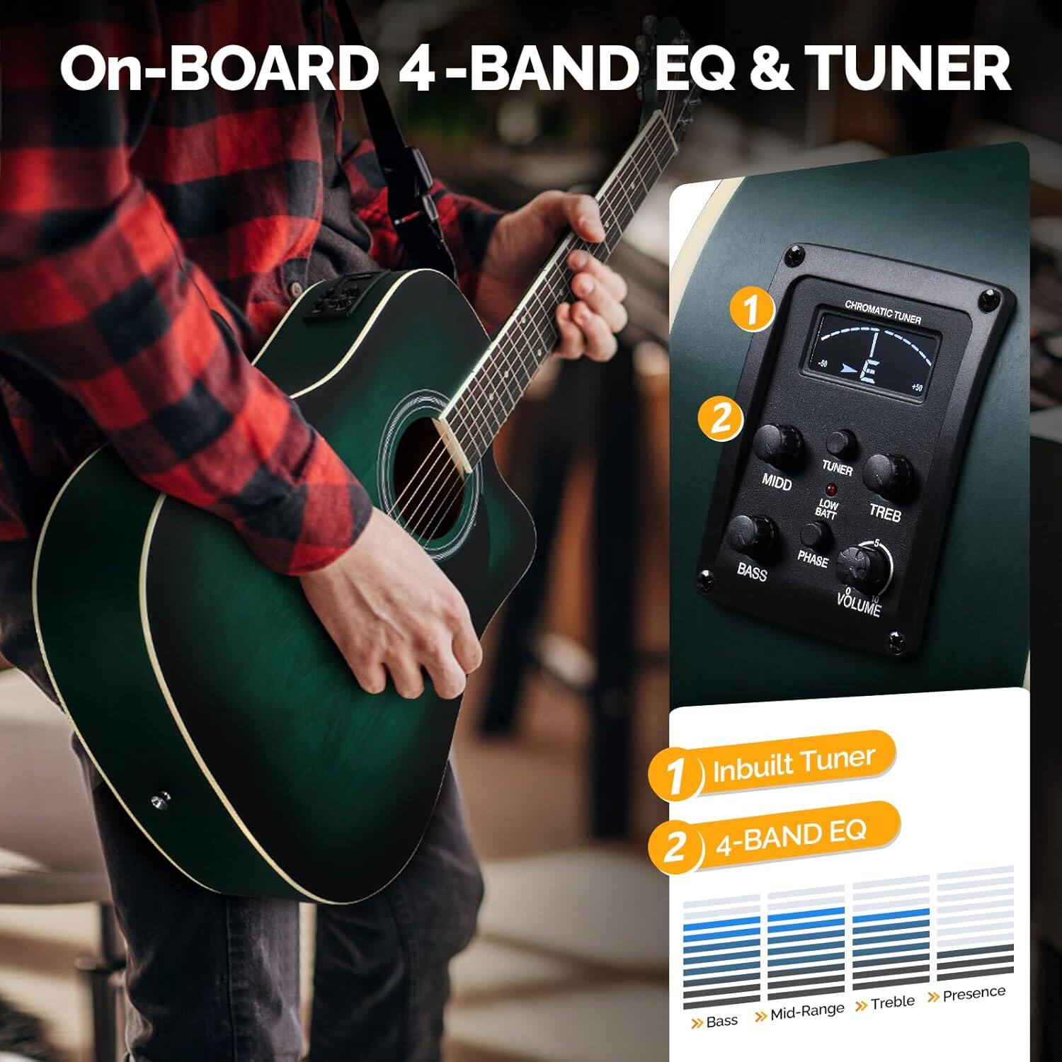 On-BOARD 4-BAND EQ & TUNER

1. Inbuilt Tuner
2. 4-BAND EQ

- CHROMATIC TUNER
- TUNER LOW BATT
- TREB
- BASS
- MIDD
- PHASE
- VOLUME

- Bass
- Mid-Range
- Treble
- Presence