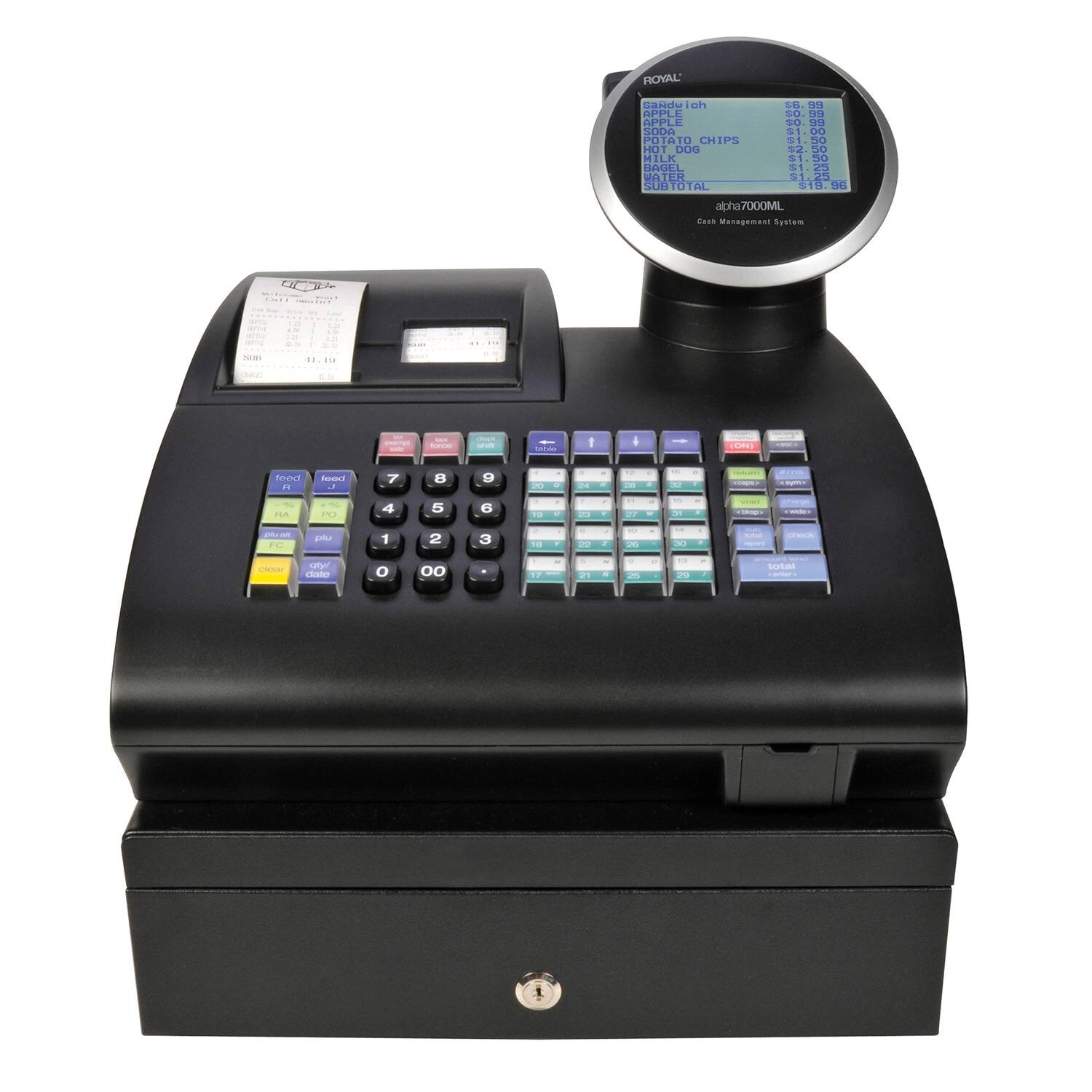 ROYAL:  
sandwich SH.9  
APPLE 30.99  
APPLE 50.10  
SODA $1.00  
POTATO CHIPS $1.50  
HOT DOG 32.3  
MILK 1.25  
WATER $12.50  
SUBTOTAL 219.19  
alpha7000ML  
Cash Management System  
GC nm  
C- -- - 1 4 addda MataUe a. Anuo . 7 8 9 I - - - - -.M . 4 5 6 T. I . . - -  ! FC  1 2 3 . - -  I - - -  - str rate O 00 2 - I .. I teta
