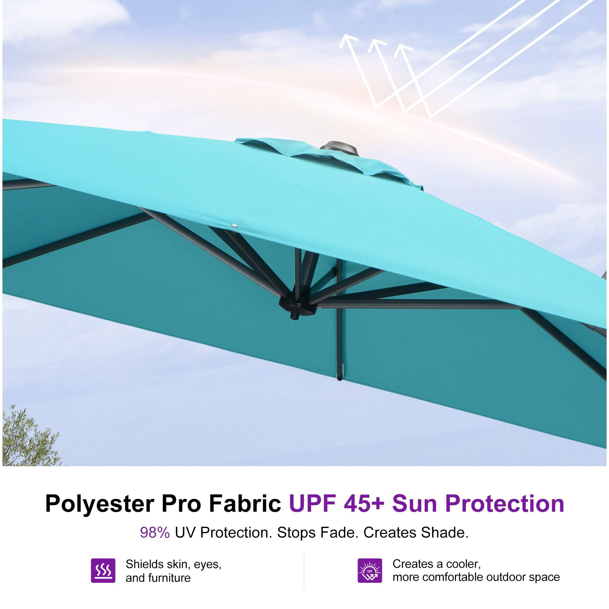 Polyester Pro Fabric UPF 45+ Sun Protection

98% UV Protection. Stops Fade. Creates Shade.

- Shields skin, eyes, and furniture
- Creates a cooler, more comfortable outdoor space
