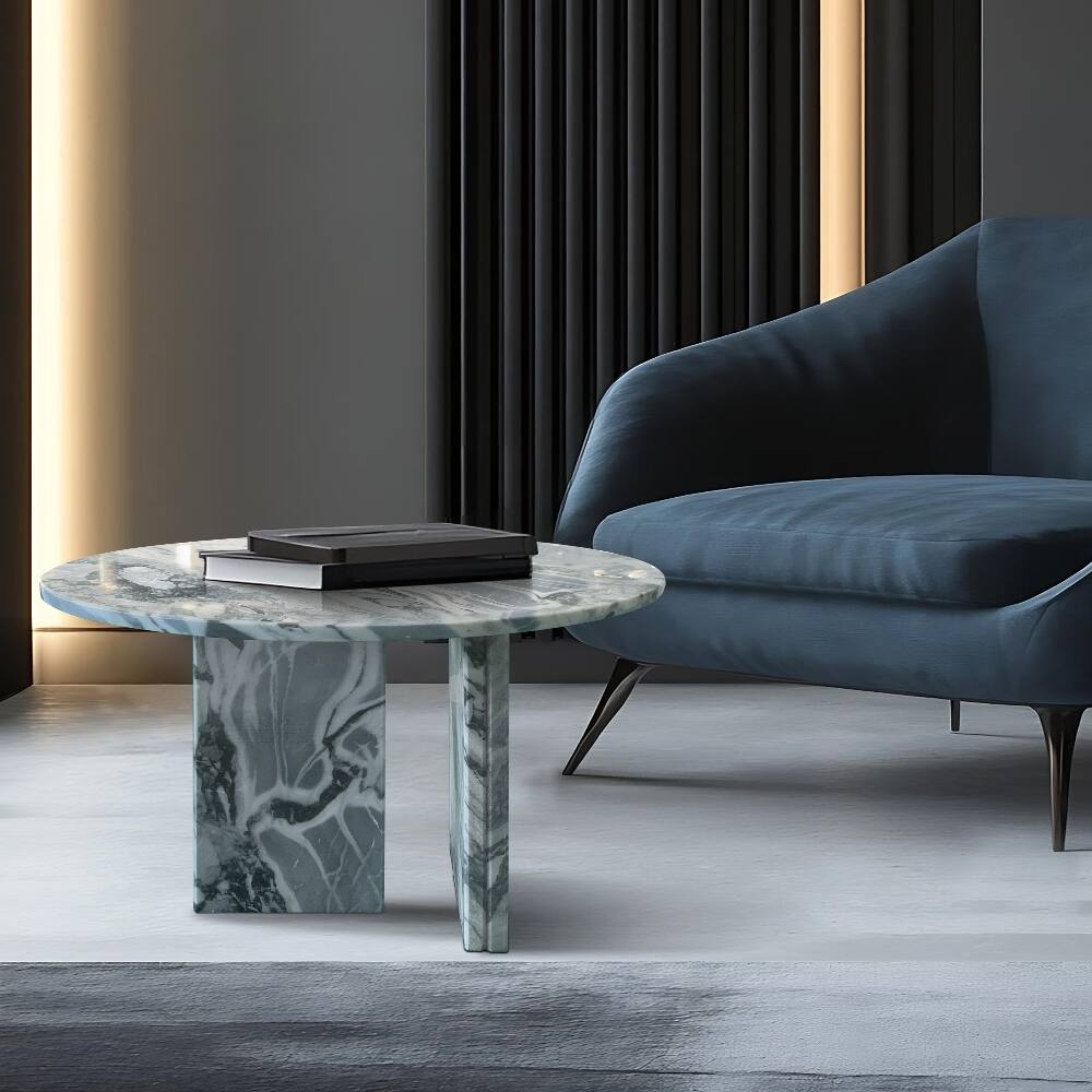 Back. Loheer - Loheer Gray Blue Natural Marble Side Table Round End Table Genuine Stone Polished Surface 17.7 Inch - Gray Blue.