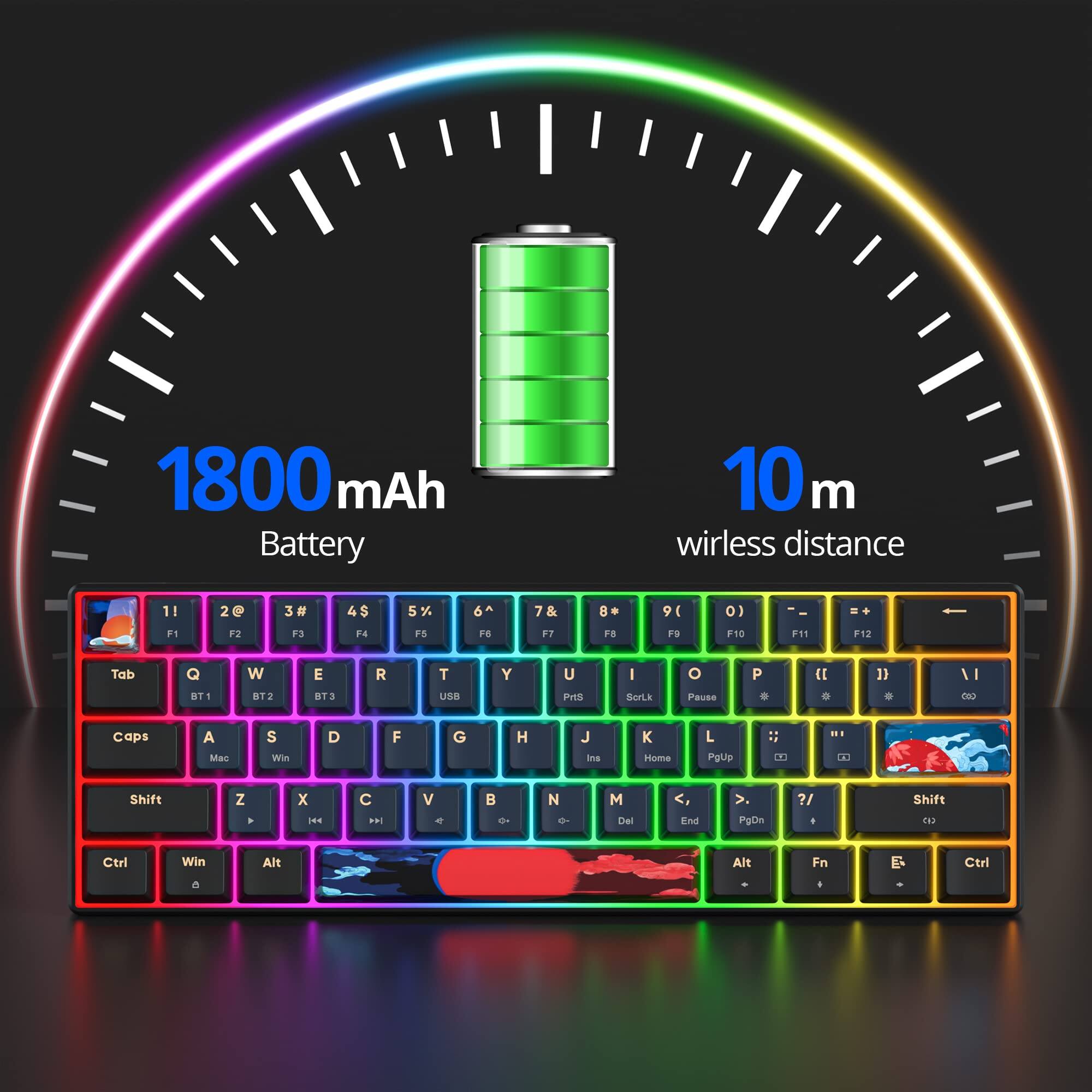 1800 mAh Battery  
10m wireless distance  

1! F1  
2@ F2  
3# F3  
4$ F4  
5% F5  
6^ F6  
7& F7  
8( F8  
9( F9  
0) F10  
- F11  
* F12  

Tab  
Q W E R T Y U I O P  
A S D F G H J K L  
Caps  
Z X C V B N M  
Shift  

Ctrl  
Win  
Alt  
Fn  
E  
Ctrl  

BT1 BT2 BT3 USB  
Pause  
Print ScrLk  
Home PgUp PgDn End  
Shift