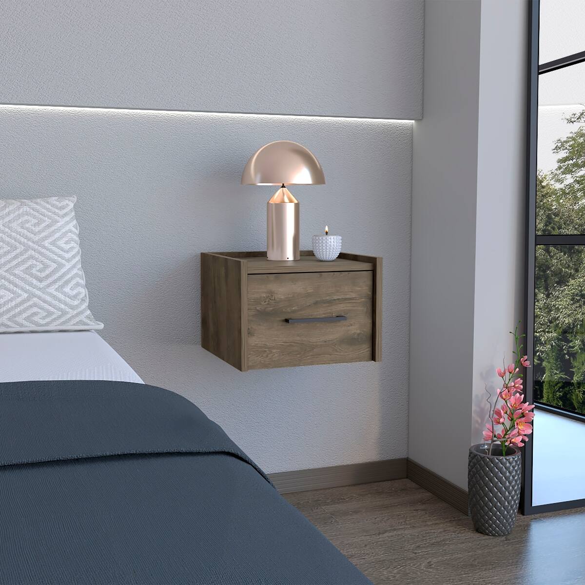 Front. Loheer - Loheer Floating Nightstand with Drawer, Dark Brown Wall-Mounted Engineered Wood Bedside Table - Dark Brown.