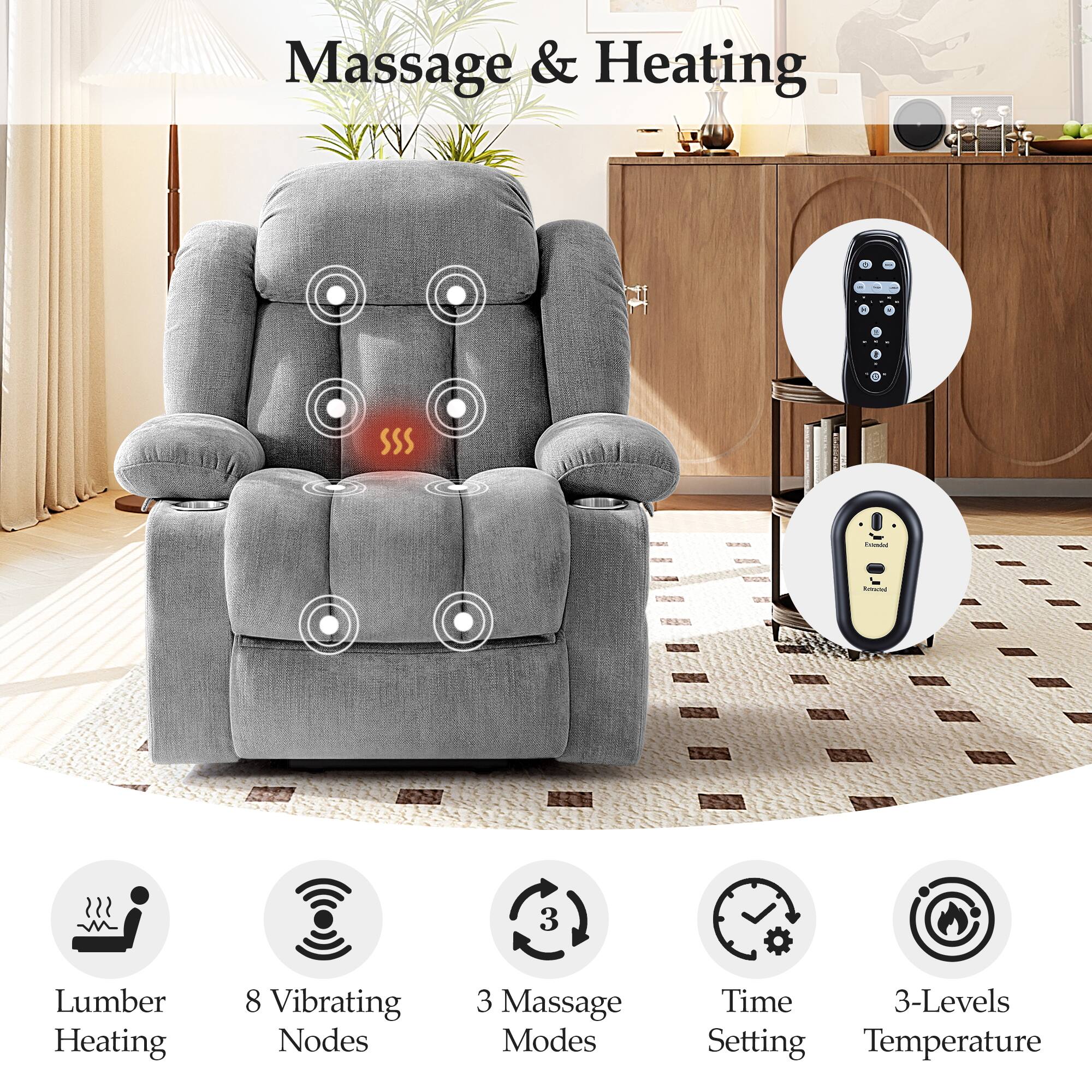 Massage & Heating 1: - Lumber Heating 8 Vibrating Nodes 3 Massage Modes Time 3-Levels Setting Temperature