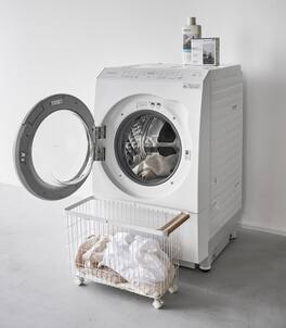 Yamazaki Home - Rolling Wire Basket (15" H) - Steel + Wood - White