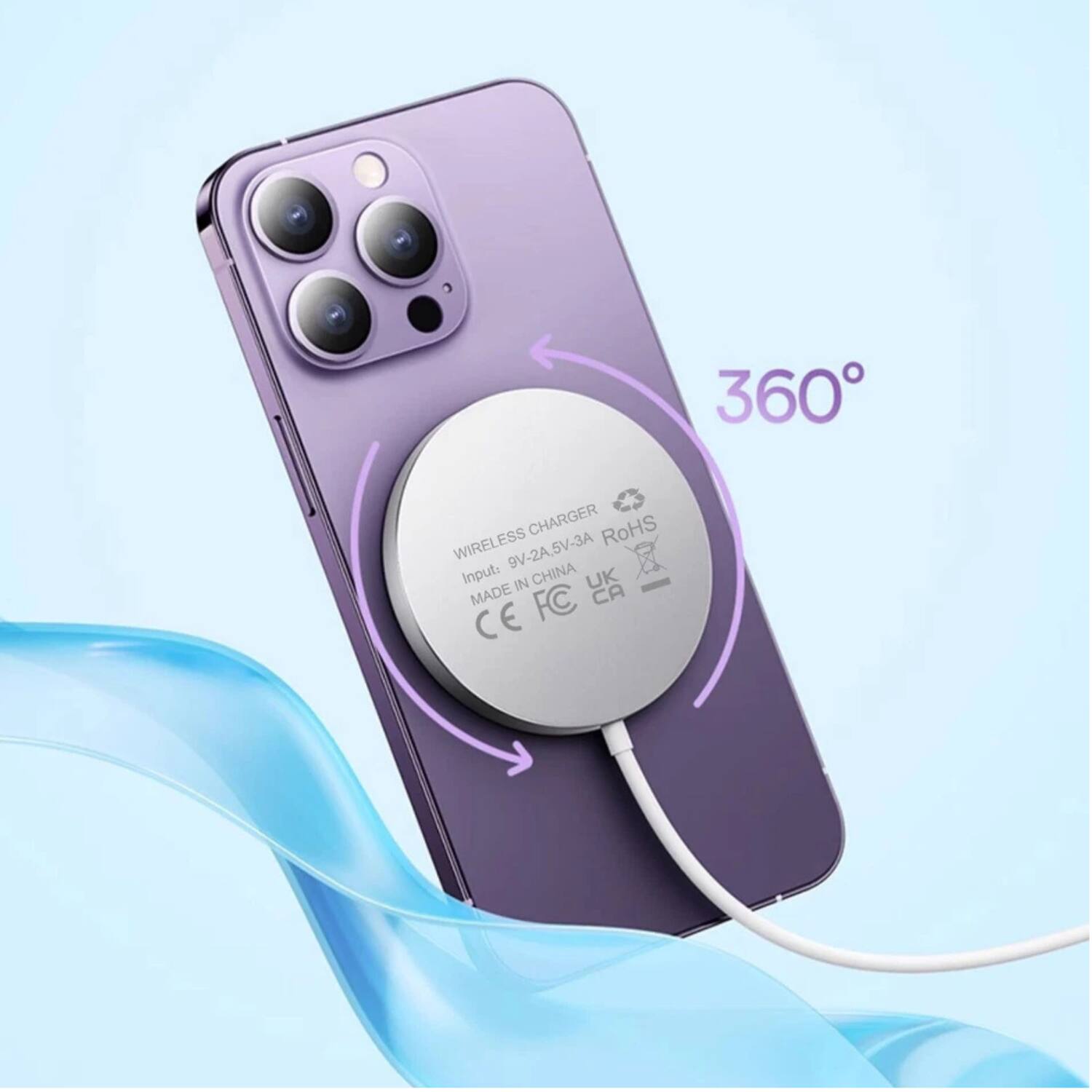 360° Wireless Charger  
Input: 9V-2A, 5V-3A  
RoHS  
Made in China  
UK  
FC  
CE