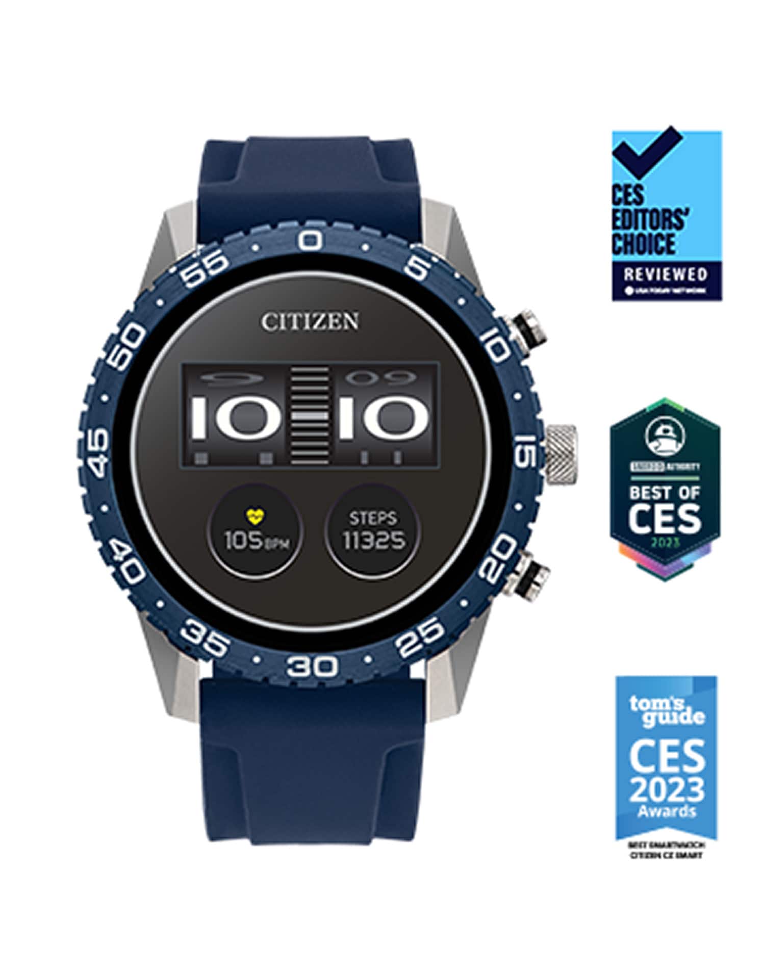 Angle. Citizen - CZ Smart 45m Unisex Stainless Steel Sport Smartwatch with Silicone Strap - Silver.