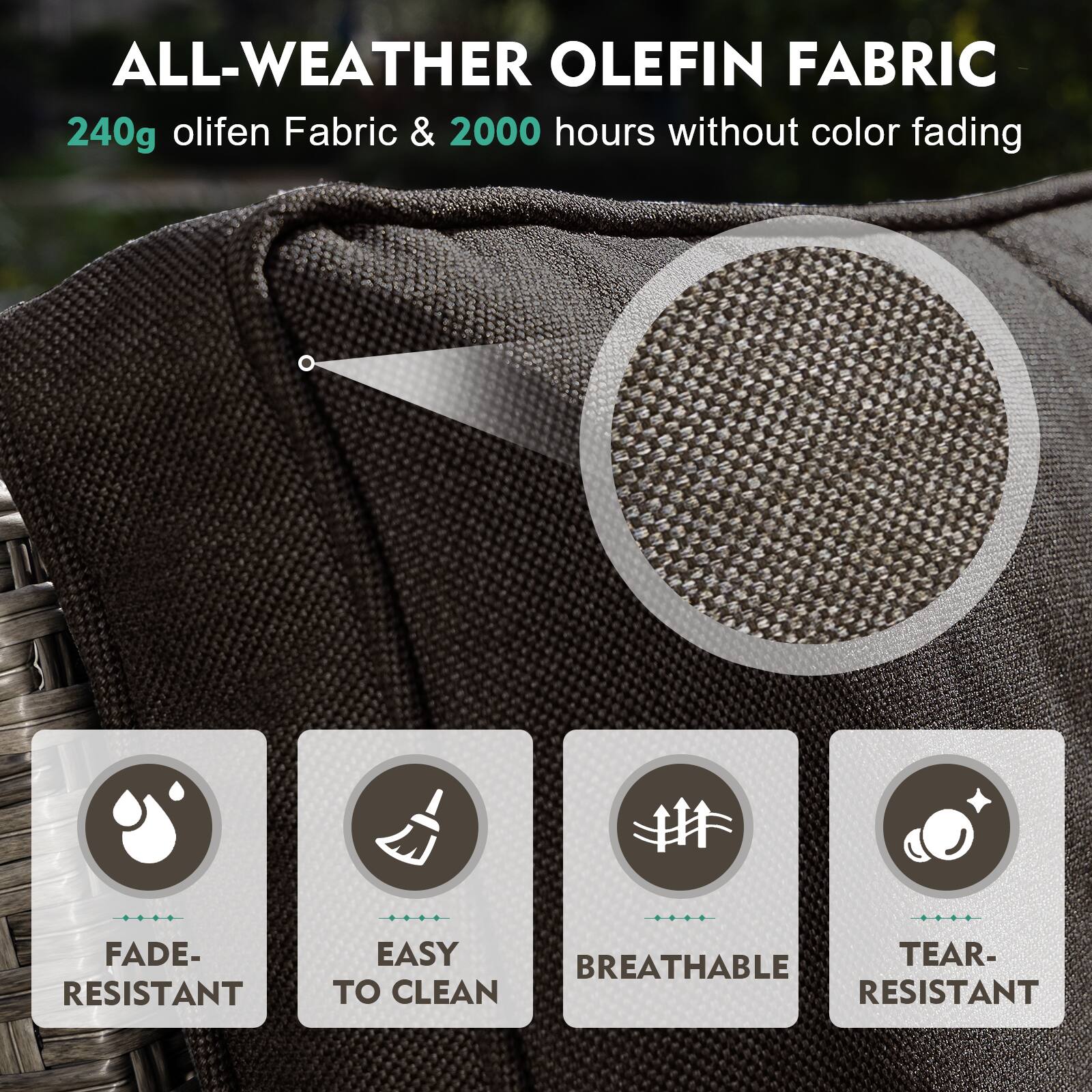 ALL-WEATHER OLEFIN FABRIC  
240g olifen Fabric & 2000 hours without color fading  

- FADE-RESISTANT  
- EASY TO CLEAN  
- BREATHABLE  
- TEAR-RESISTANT