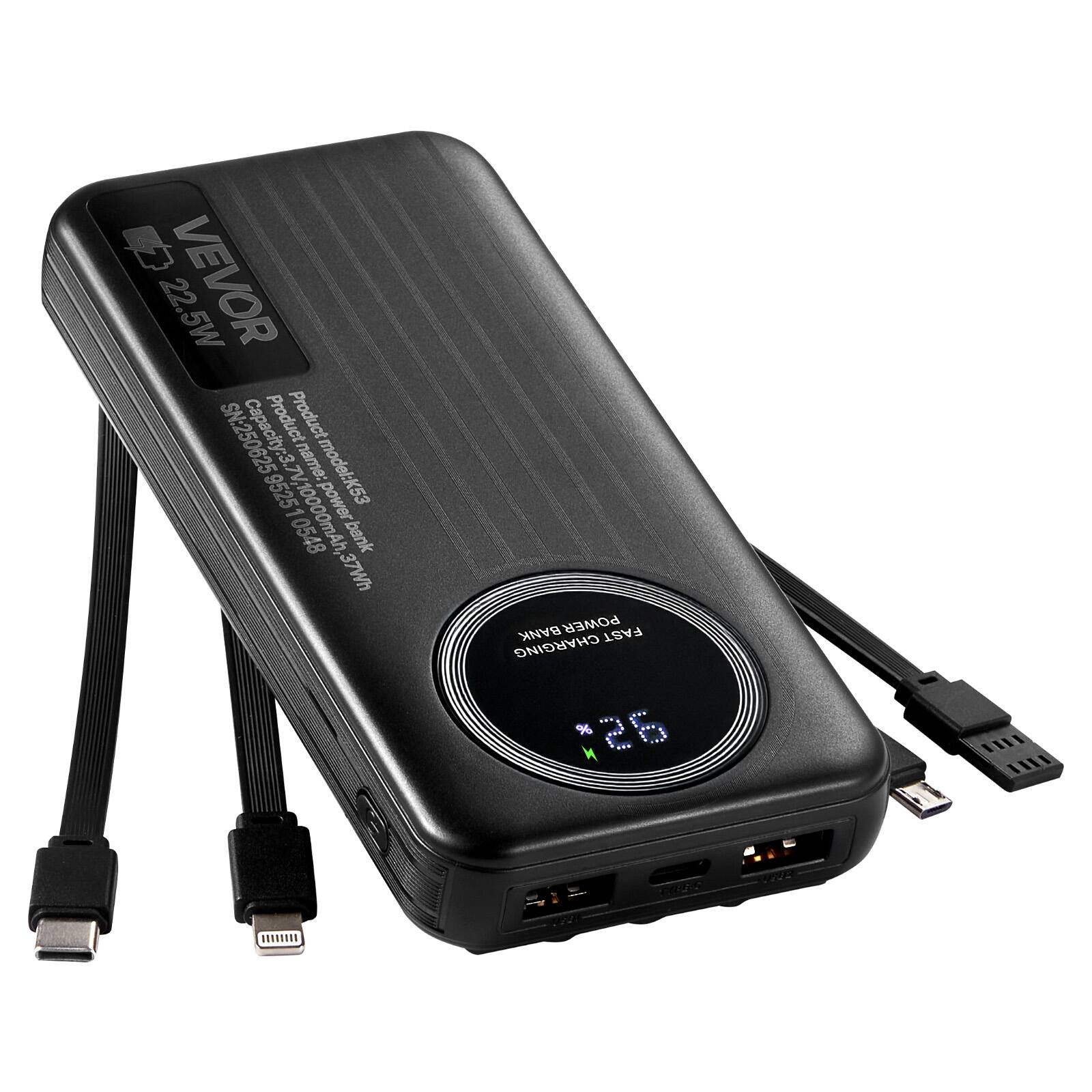 VEVOR - Portable Charger, with Built-in Cables, 10000 mAh Travel Battery Pack, 6 Outputs 3 Inputs Fast Charging Power Bank - Black