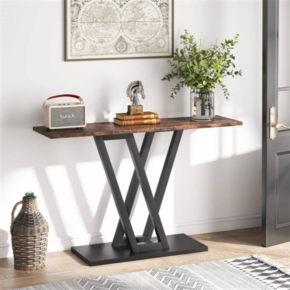 Angle. Hivvago - Modern 43-inch Narrow Entryway Table with Brown Wood Top and Black Metal Frame - Brown, Black.