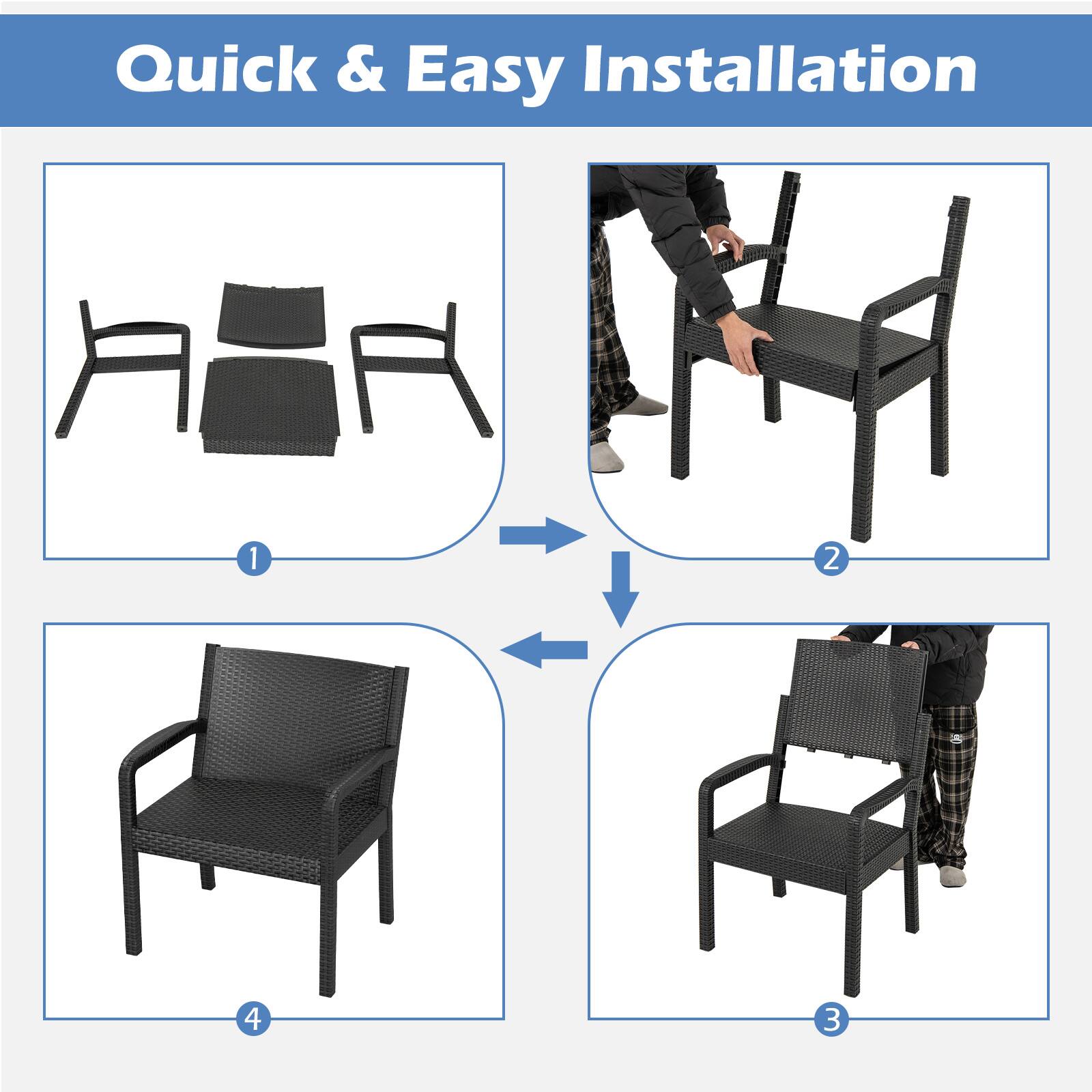 Quick & Easy Installation

1. Disassembled chair parts
2. Assembling the chair
3. Further assembly
4. Fully assembled chair