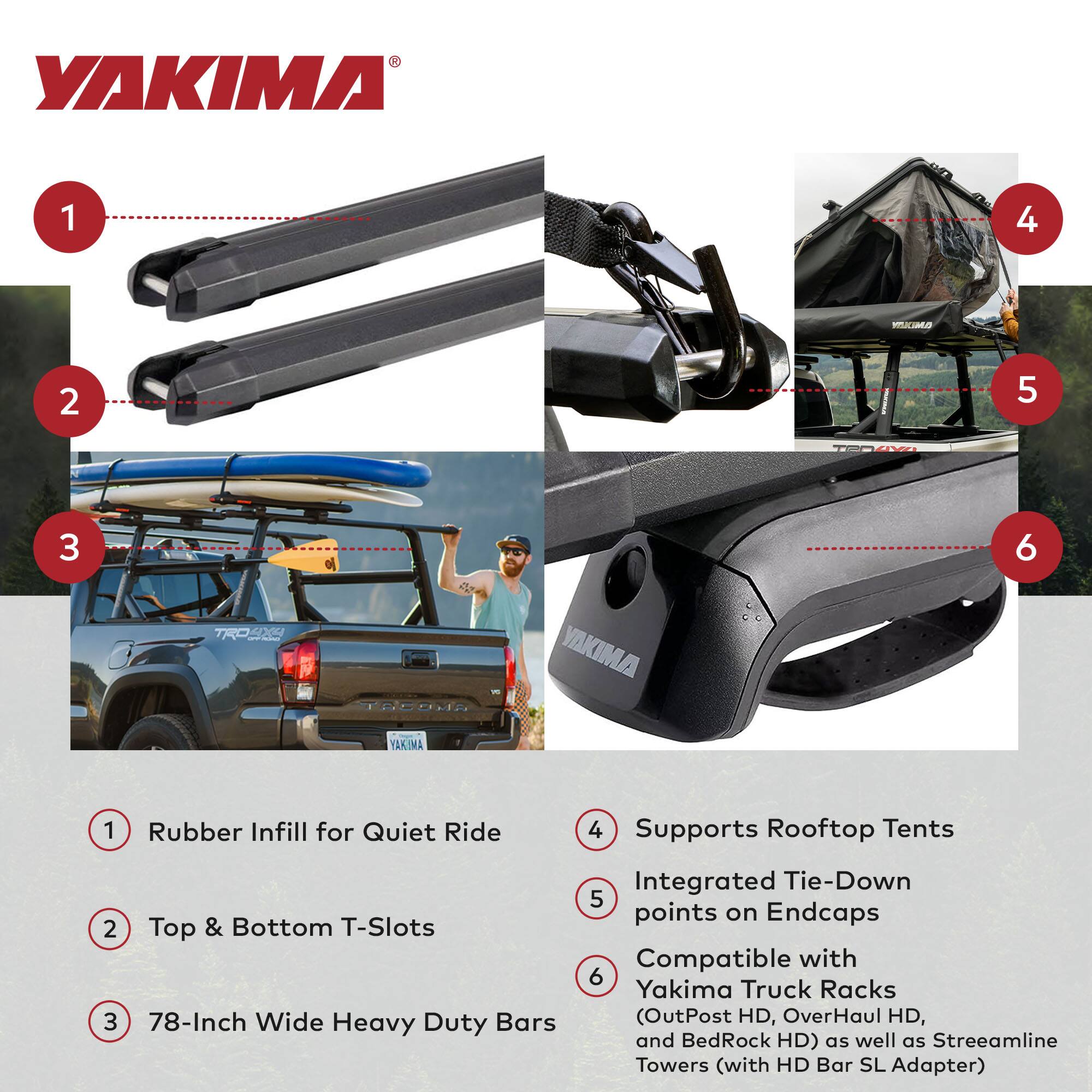 1. Rubber Infill for Quiet Ride  
2. Top & Bottom T-Slots  
3. 78-Inch Wide Heavy Duty Bars  
4. Supports Rooftop Tents  
5. Integrated Tie-Down points on Endcaps  
6. Compatible with Yakima Truck Racks (OutPost HD, OverHaul HD, and BedRock HD) as well as Streamline Towers (with HD Bar SL Adapter)
