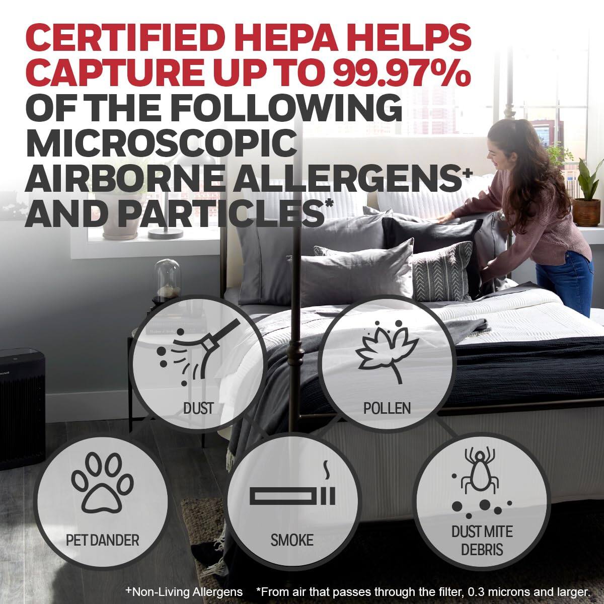 CERTIFIED HEPA HELPS CAPTURE UP TO 99.97% OF THE FOLLOWING MICROSCOPIC AIRBORNE ALLERGENS+ AND PARTICLES*

- DUST
- POLLEN
- PET DANDER
- SMOKE
- DUST MITE DEBRIS

+Non-Living Allergens
*From air that passes through the filter, 0.3 microns and larger.