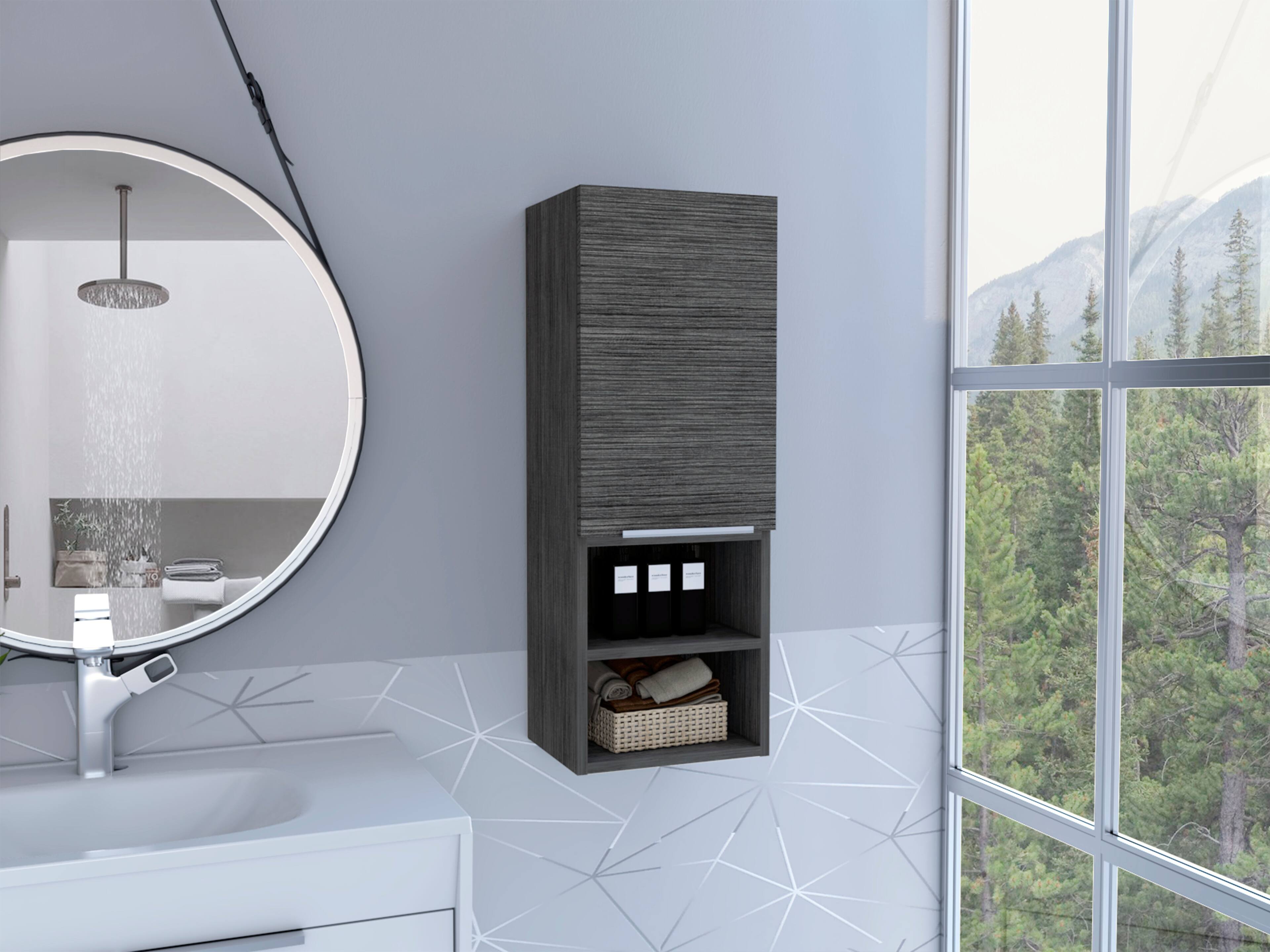 Angle. TuHome - Mila Bathroom Cabinet, Two Interior Shelves, Two External Shelves, Single Door Cabinet - Smokey Oak.