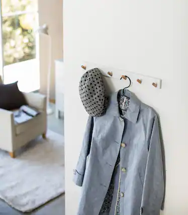 Front. Yamazaki Home - Wall-Mounted Coat Rack - Steel + Wood - White.