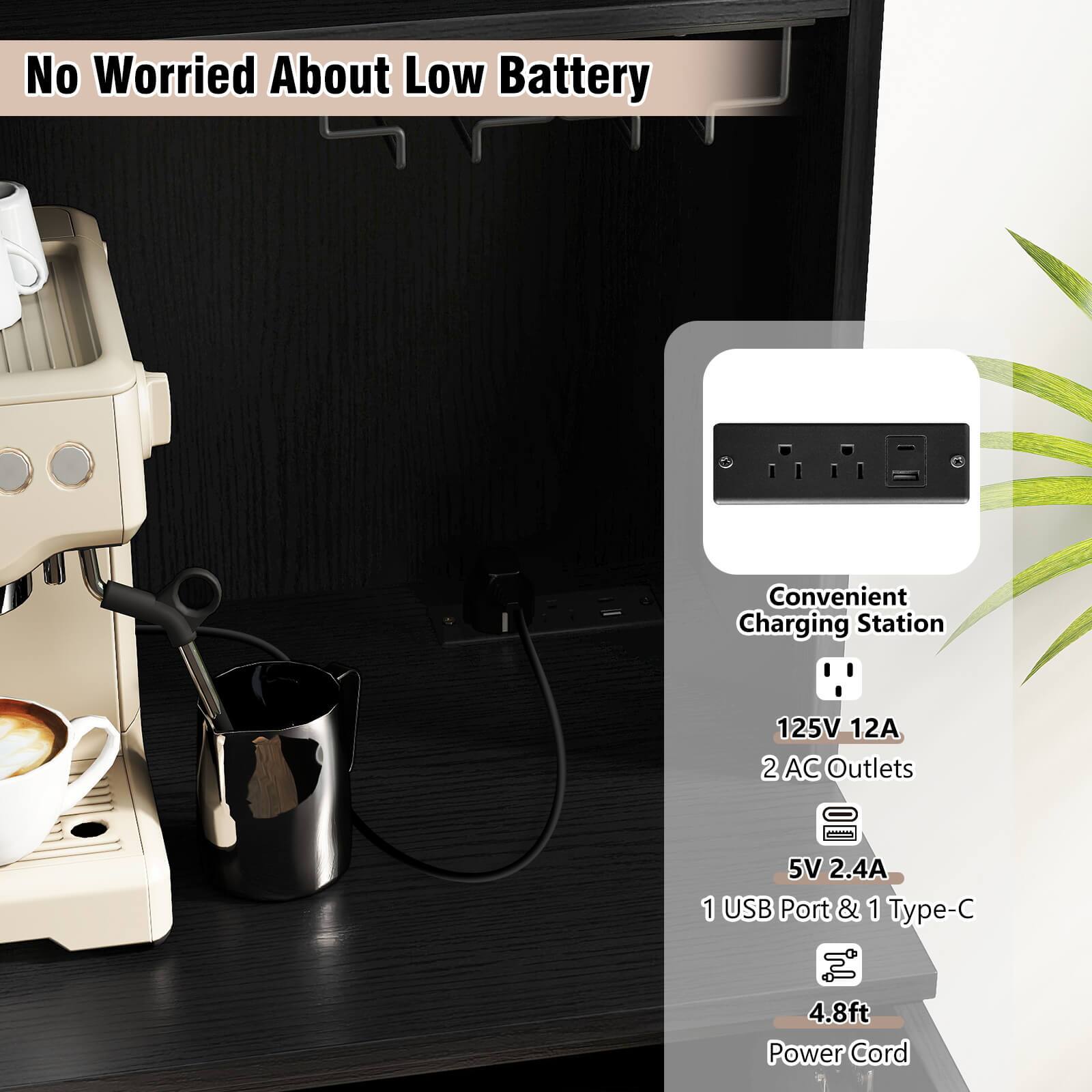 No Worried About Low Battery

Convenient Charging Station

- 125V 12A
- 2 AC Outlets
- 5V 2.4A
- 1 USB Port & 1 Type-C
- 4.8ft Power Cord