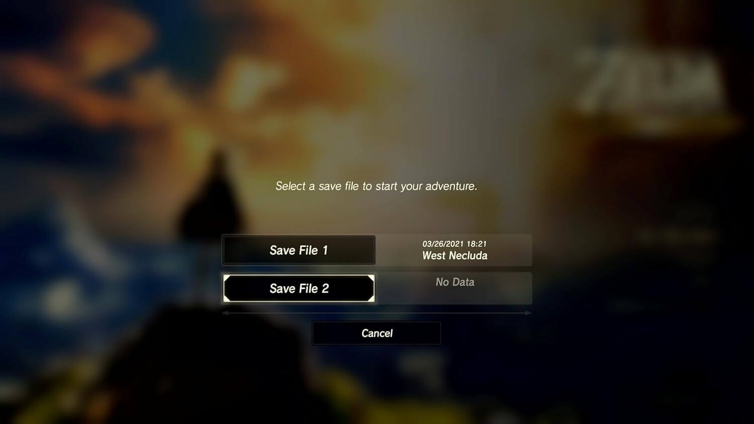 Select a save file to start your adventure.

Save File 1  
03/26/2021 18:21  
West Necluda

Save File 2  
No Data

Cancel