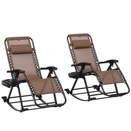 Outsunny - Set of 2 Outdoor Rocking Chairs, Foldable Reclining Zero Gravity Lounge Rocker with Pillow, Cup & Phone Holder - Brown