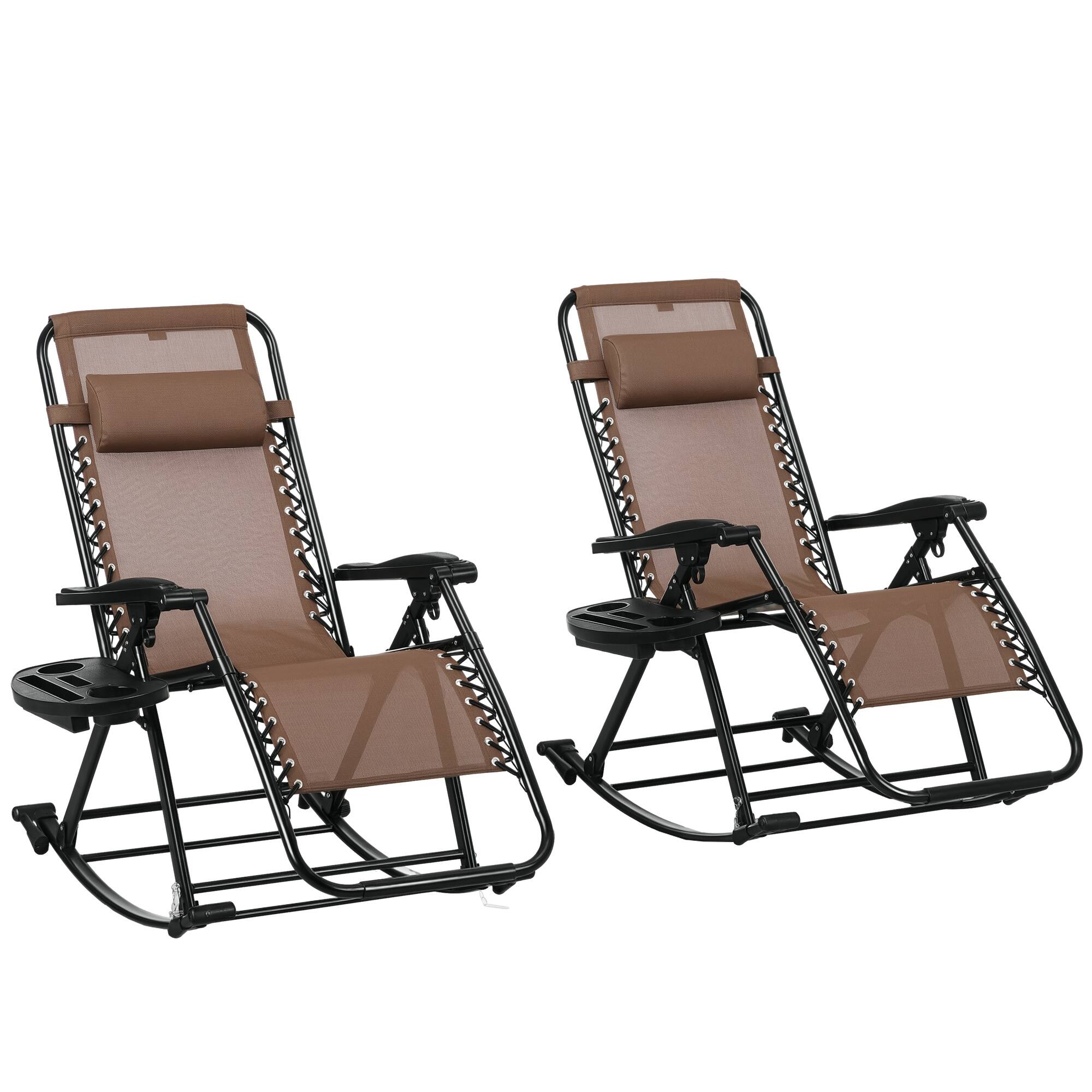 Front. Outsunny - Set of 2 Outdoor Rocking Chairs, Foldable Reclining Zero Gravity Lounge Rocker with Pillow, Cup & Phone Holder - Brown.
