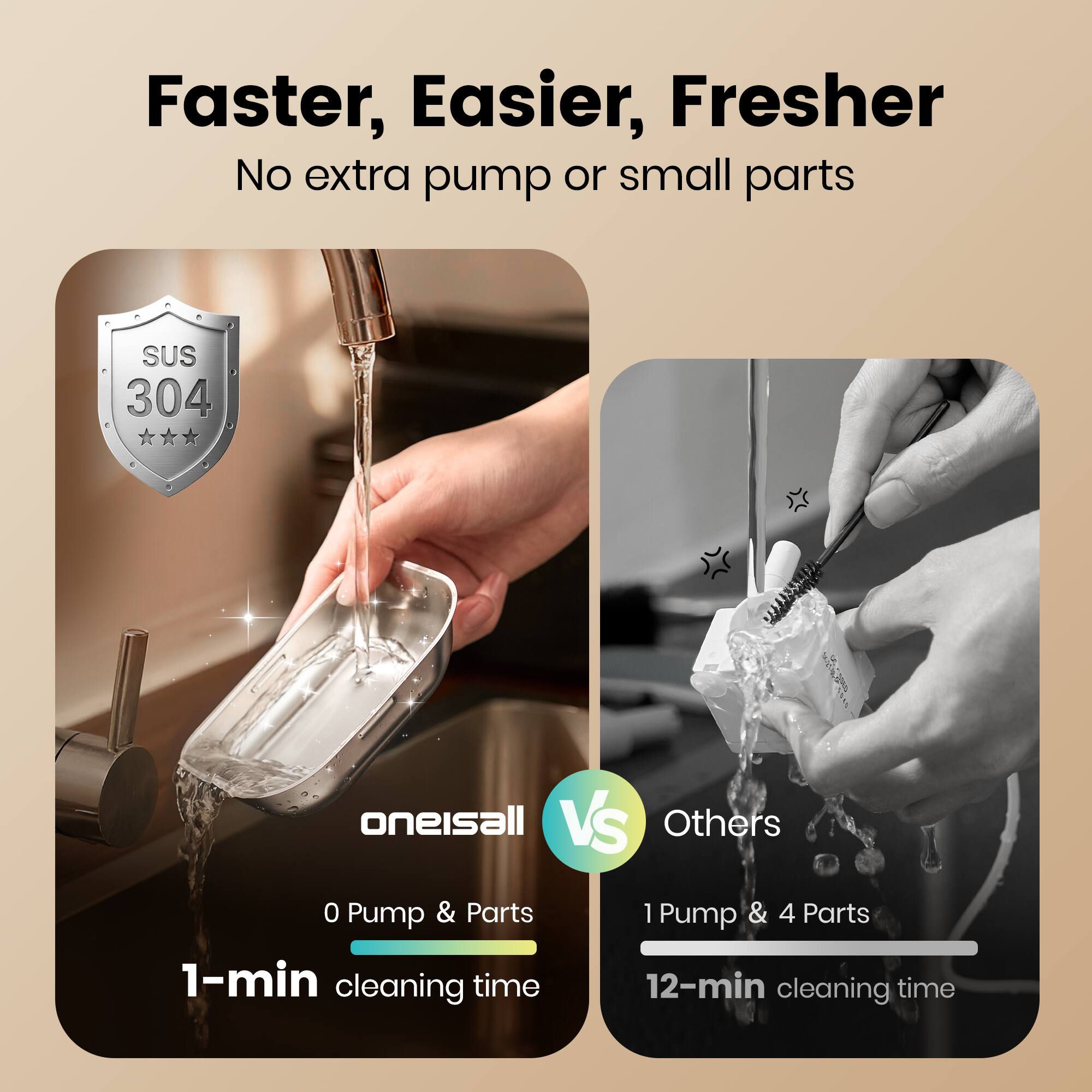 Faster, Easier, Fresher  
No extra pump or small parts

SUS 304

oneisall VS Others

0 Pump & Parts  
1-min cleaning time

1 Pump & 4 Parts  
12-min cleaning time