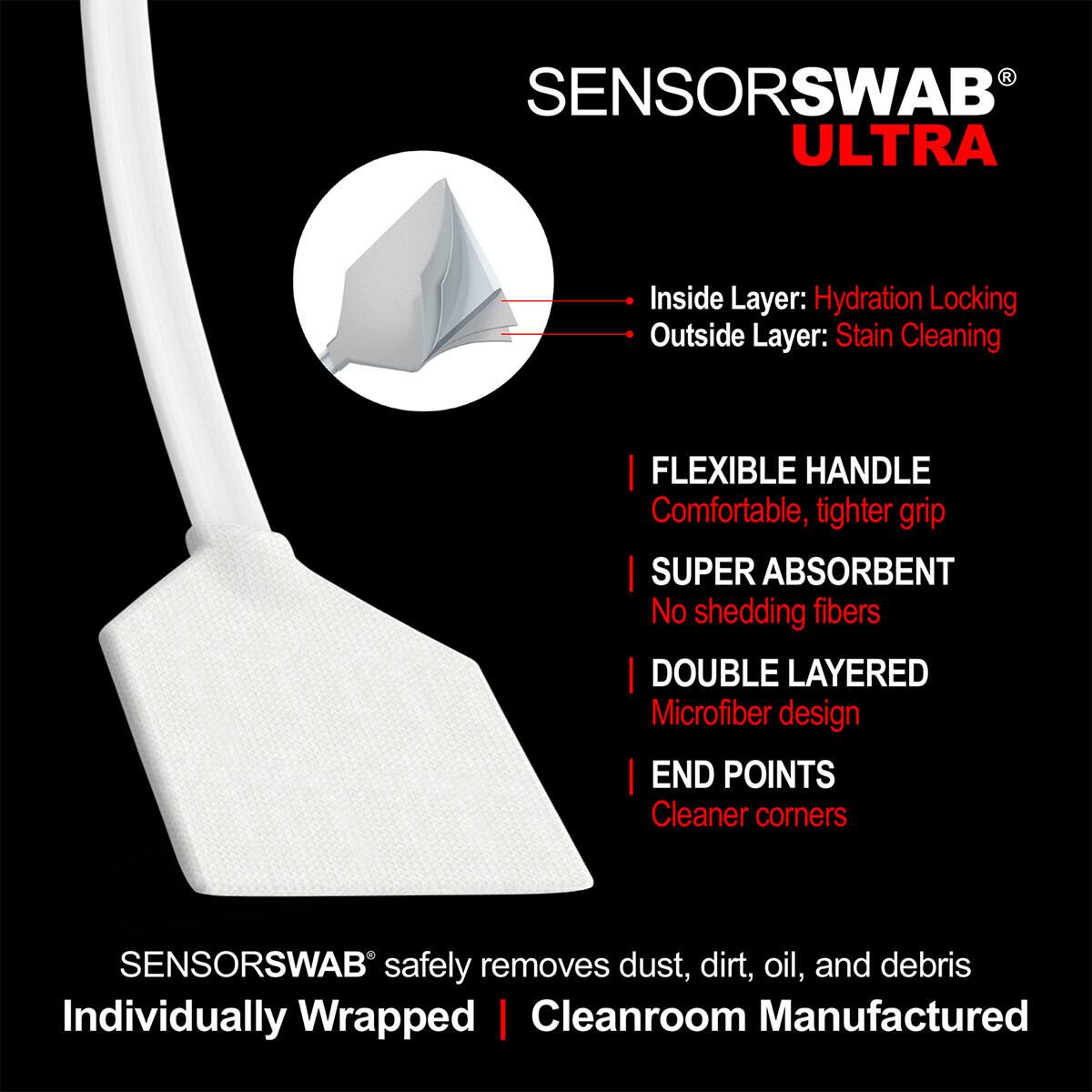 SENSORSWAB ULTRA

Inside Layer: Hydration Locking  
Outside Layer: Stain Cleaning

FLEXIBLE HANDLE  
Comfortable, tighter grip

SUPER ABSORBENT  
No shedding fibers

DOUBLE LAYERED  
Microfiber design

END POINTS  
Cleaner corners

SENSORSWAB safely removes dust, dirt, oil, and debris  
Individually Wrapped | Cleanroom Manufactured