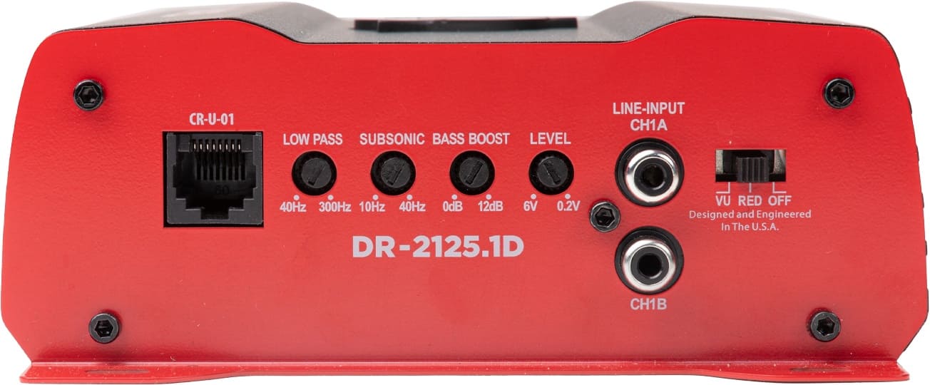 CR-U-01 LOW PASS SUBSONIC BASS BOOST LEVEL LINE-INPUT CH1A 40Hz 300Hz 10Hz 40Hz 0dB 12dB 6V 0.2V DR-2125.1D VU RED OFF Designed and Engineered In The U.S.A. CH1B
