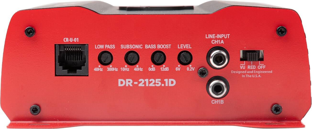 CR-U-01 LOW PASS SUBSONIC BASS BOOST LEVEL LINE-INPUT CH1A 40Hz 300Hz 10Hz 40Hz 0dB 12dB 6V 0.2V DR-2125.1D VU RED OFF Designed and Engineered In The U.S.A. CH1B