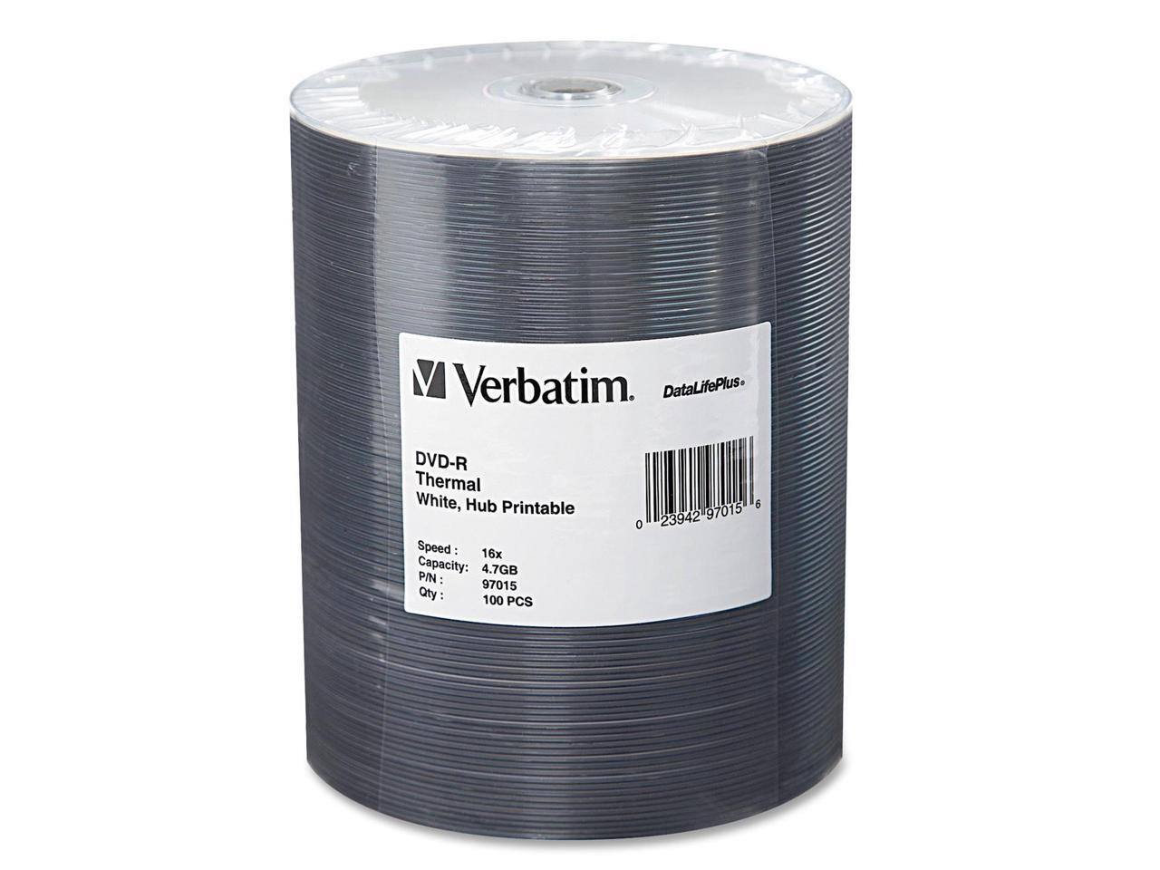 Verbatim. DataLifePlus. DVD-R Thermal White, Hub Printable Speed: 16x Capacity: 4.7GB P/N: 97015 Qty: 100 PCS 0 6 23942 97015