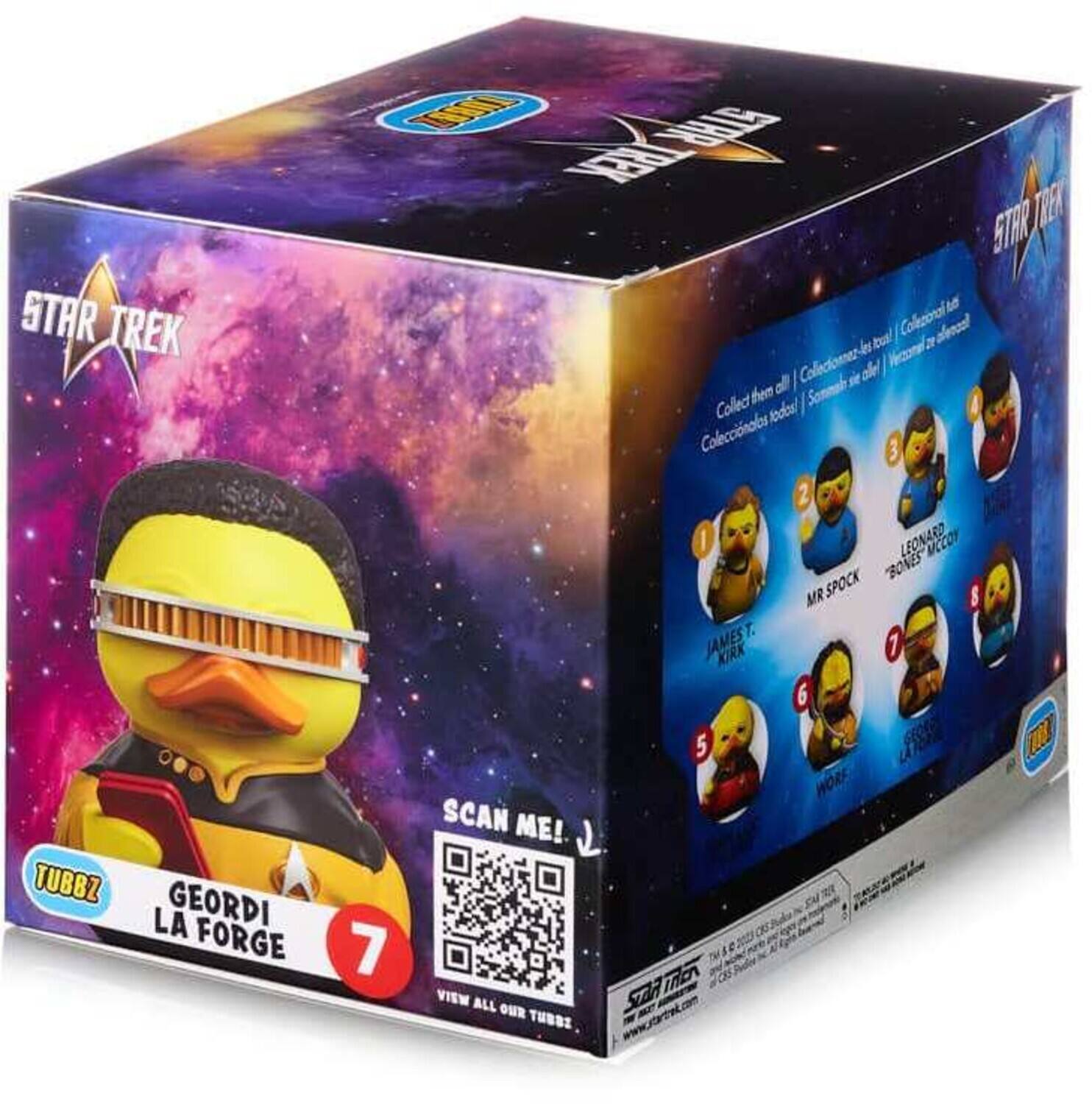 The text on the image is:

"STAR TREK TUBBZ GEORDI LA FORGE 7 TEK GTRRT 5TRP TRER Me tus! Colecciona aeocal aY Coleccionazle Haone si alel fem al Sommah Collect Jedoel Coleccinalos 3 2 I LEONARD NCCOY BONES MR SPOCK 8 JAMEST. KIRK 0 6 5 T HORE SCAN ME! iner VIEW ALL OUR SAR TUBBI wotwwrttam"

Corrected and grouped text:

"STAR TREK TUBBZ GEORDI LA FORGE 7
TEK GTRRT 5TRP TRER
Me tus! Colecciona aeocal aY Coleccionazle Haone si alel fem al Sommah Collect Jedoel Coleccinalos
3 2 I LEONARD NCCOY BONES MR SPOCK 8 JAMEST. KIRK 0 6 5 T HORE
SCAN ME! iner
VIEW ALL OUR SAR TUBBI wotwwrttam"