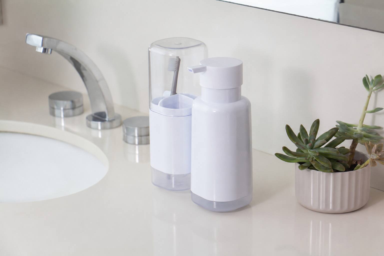 Left. OU - OU Soap Dispenser & Toothbrush Holder, Dual Bathroom Set 16.9oz Soap Dispenser, Nonslip Brush Holder - White - White.