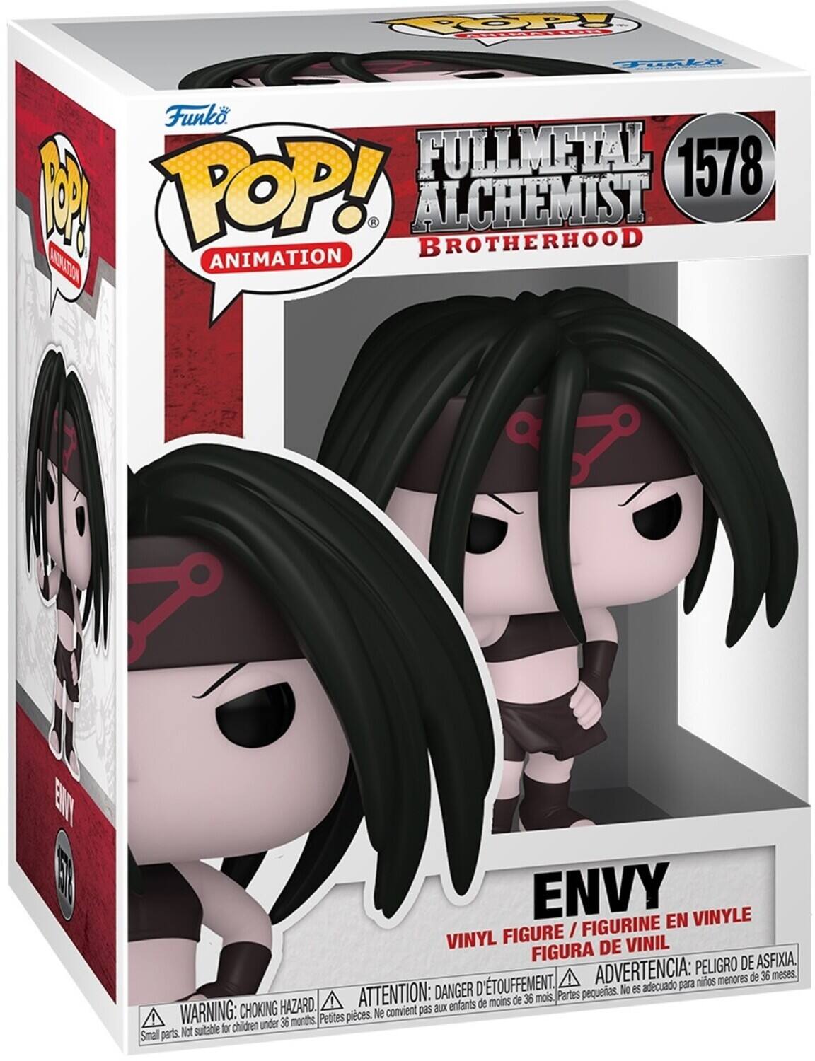 Sure, here is the corrected and grouped text from the image:

---

**Funko POP! ANIMATION**

**FULLMETAL ALCHEMIST BROTHERHOOD**

**ENVY**

**VINYL FIGURE / FIGURINE EN VINYLE / FIGURA DE VINIL**

**WARNING: CHOKING HAZARD. Small parts. Not suitable for children under 36 months.**

**ATTENTION: DANGER D'ÉTOUFFEMENT. Petites pièces. Ne convient pas aux enfants de moins de 36 mois.**

**ADVERTENCIA: PELIGRO DE ASFIXIA. Partes pequeñas. No es adecuado para niños menores de 36 meses.**

**1578**

---