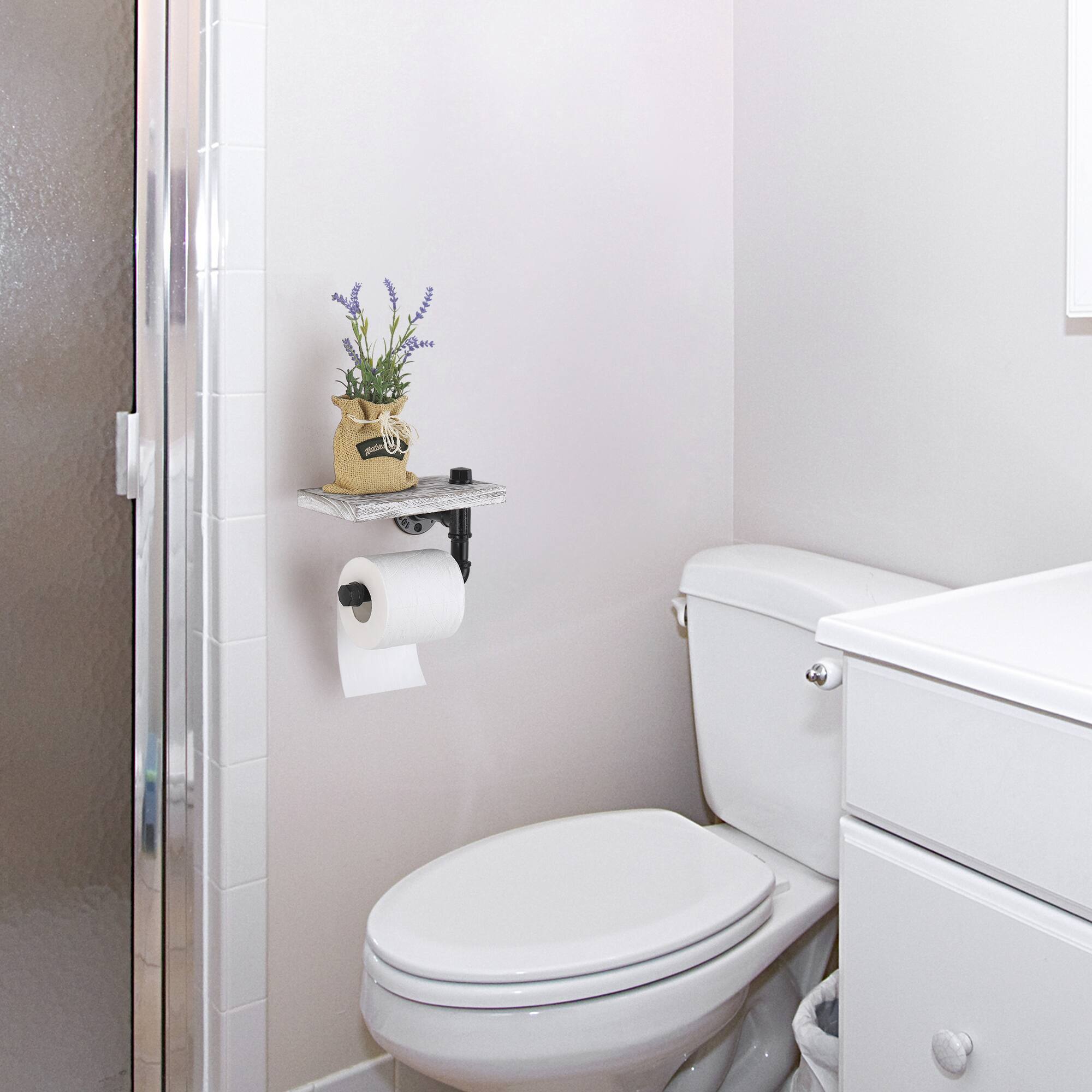 Alt View 1. Oumilen - Industrial Pipe Single Paper Towel Holder with White Washed Shelf – Wall Mounted for Kitchen Bathroom.