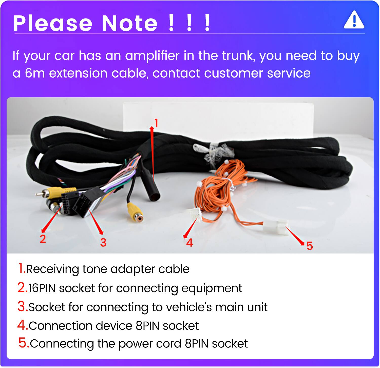 Please Note !!!  
If your car has an amplifier in the trunk, you need to buy a 6m extension cable, contact customer service

1. Receiving tone adapter cable  
2. 16PIN socket for connecting equipment  
3. Socket for connecting to vehicle's main unit  
4. Connection device 8PIN socket  
5. Connecting the power cord 8PIN socket