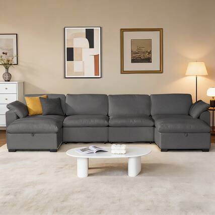 Front. Dyonery - Dyonery 120" Sectional Couches,Modern Modular Sectional Sofa,with Comfy Deep Seats,Fluffy L-Shape PU Leather Sofa Couch - Dray.