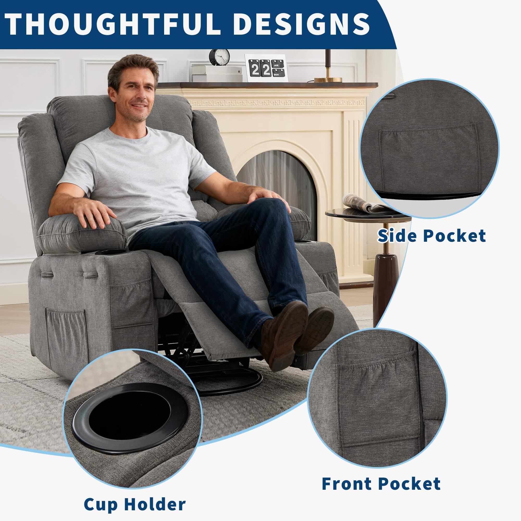 THOUGHTFUL DESIGNS

Side Pocket
Cup Holder
Front Pocket