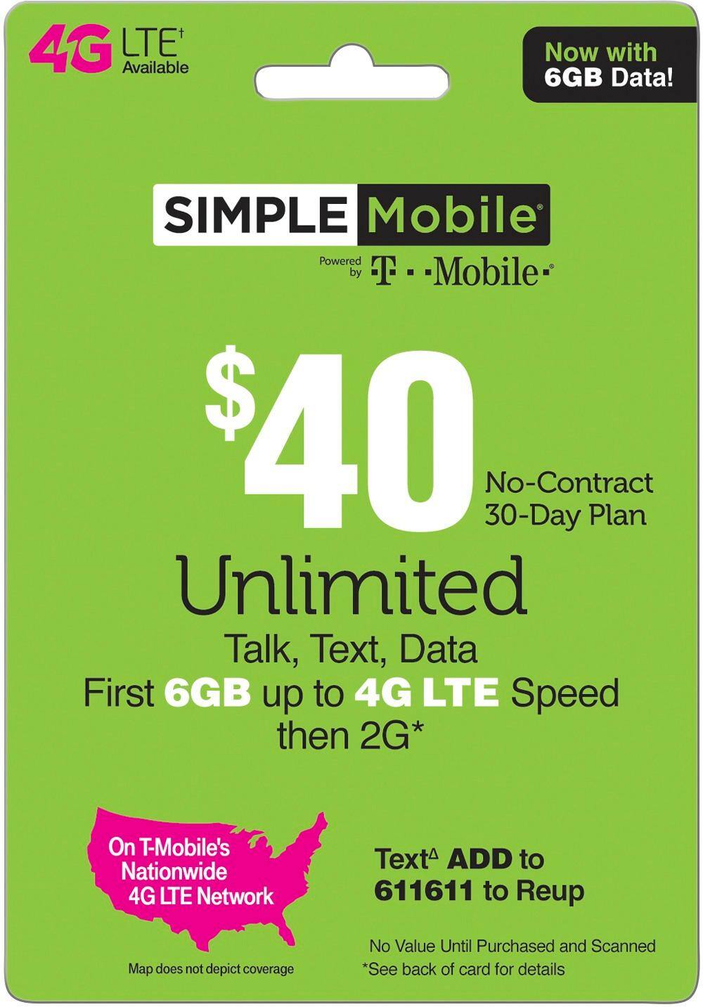 Best Buy Simple Mobile 40 ReUp Airtime Card Simple Mobile 40 UNL Talk