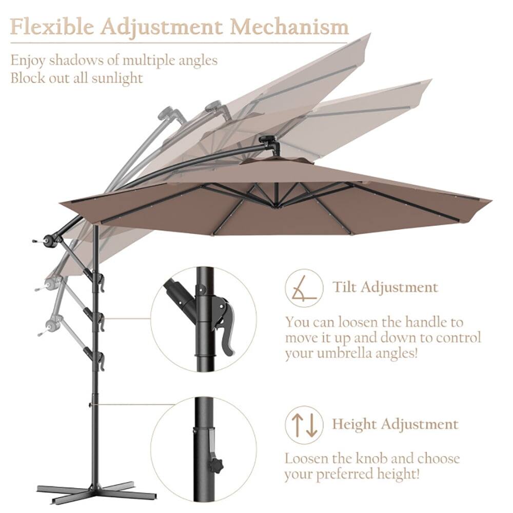 Flexible Adjustment Mechanism

Enjoy shadows of multiple angles  
Block out all sunlight

Tilt Adjustment  
You can loosen the handle to move it up and down to control your umbrella angles!

Height Adjustment  
Loosen the knob and choose your preferred height!