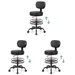 Brick Attic - 3-Set Drafting Office Chair with Backrest, PU Leather Adjustable Footrest Stool for Office Spa Studio Lab Counter Salon - Black