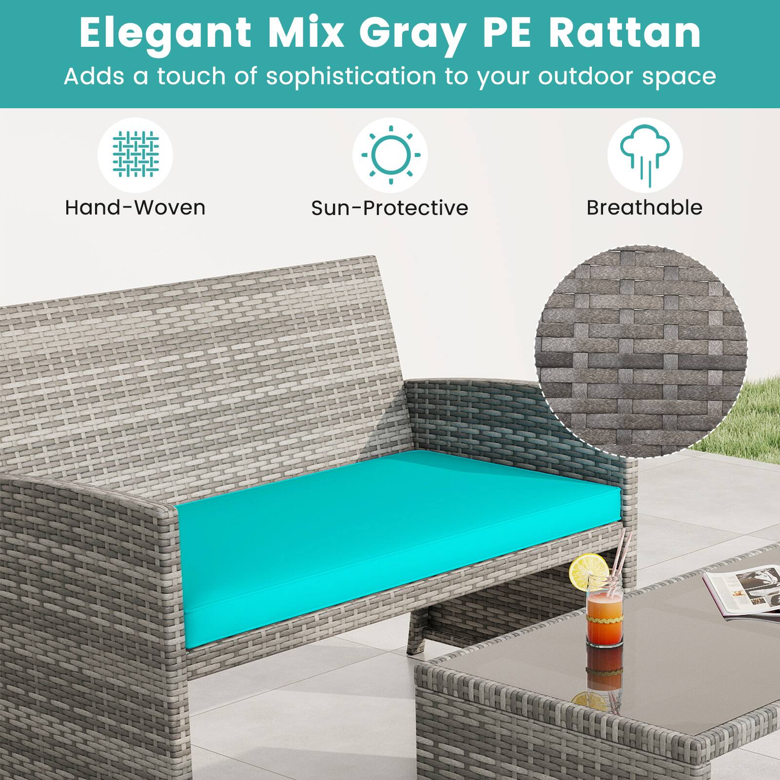Elegant Mix Gray PE Rattan  
Adds a touch of sophistication to your outdoor space  

- Hand-Woven  
- Sun-Protective  
- Breathable