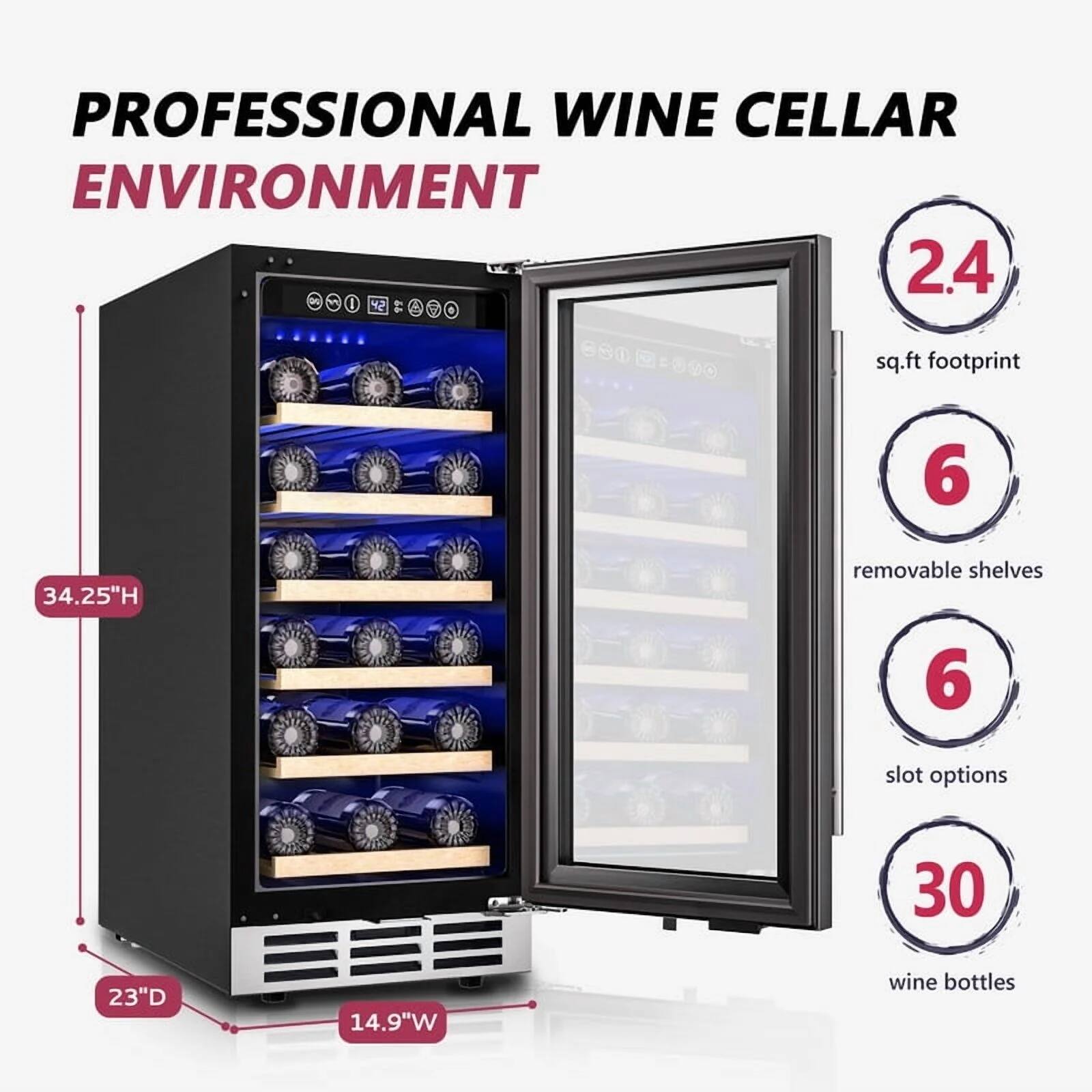 PROFESSIONAL WINE CELLAR ENVIRONMENT

- 2.4 sq.ft footprint
- 34.25"H
- 23"D
- 14.9"W
- 6 removable shelves
- 6 slot options
- 30 wine bottles