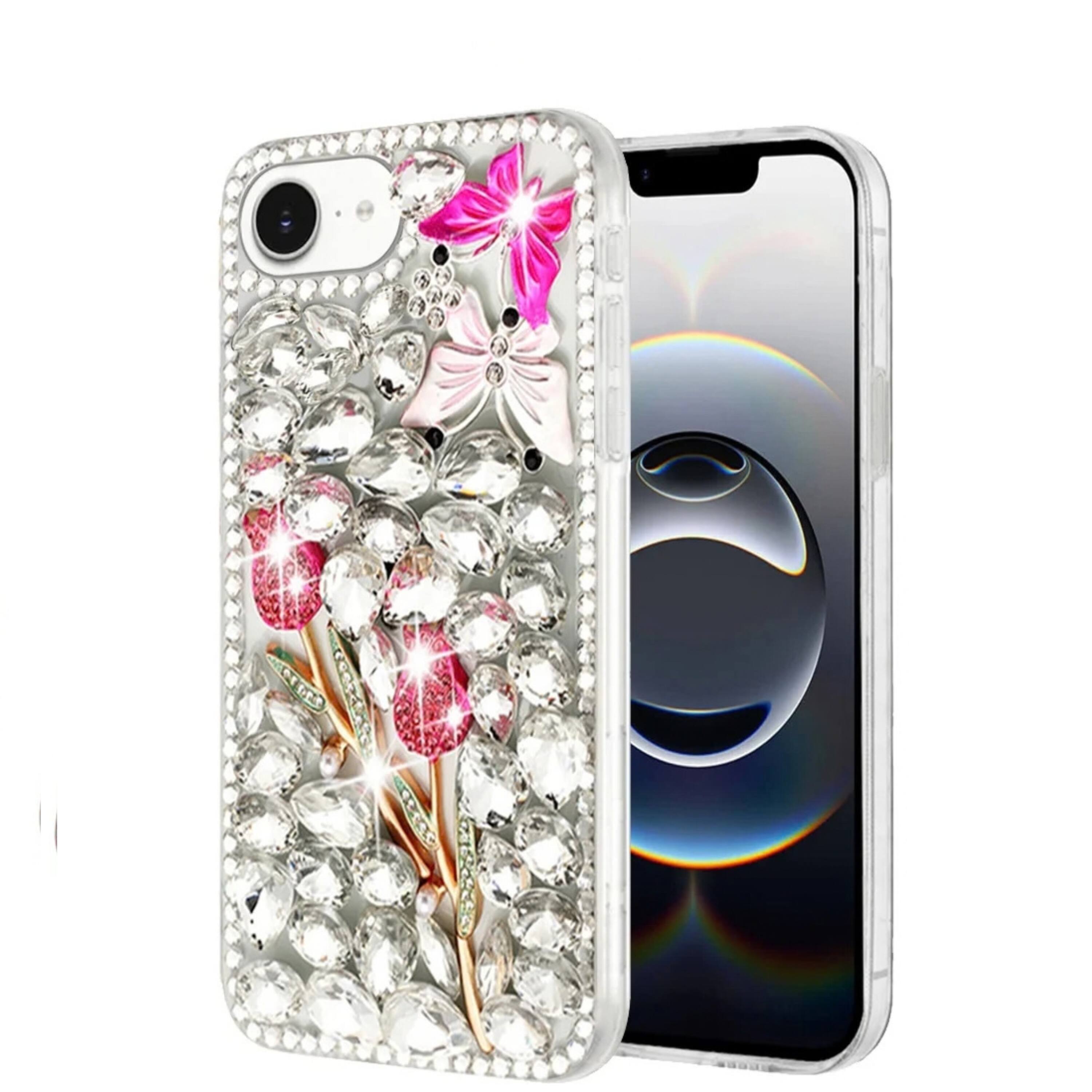 Angle. Kitcheniva - Full Diamond Faux 3D Jewel Phone Case With Tempered Glass For iPhone 16e 17e Crystal Garden - White.