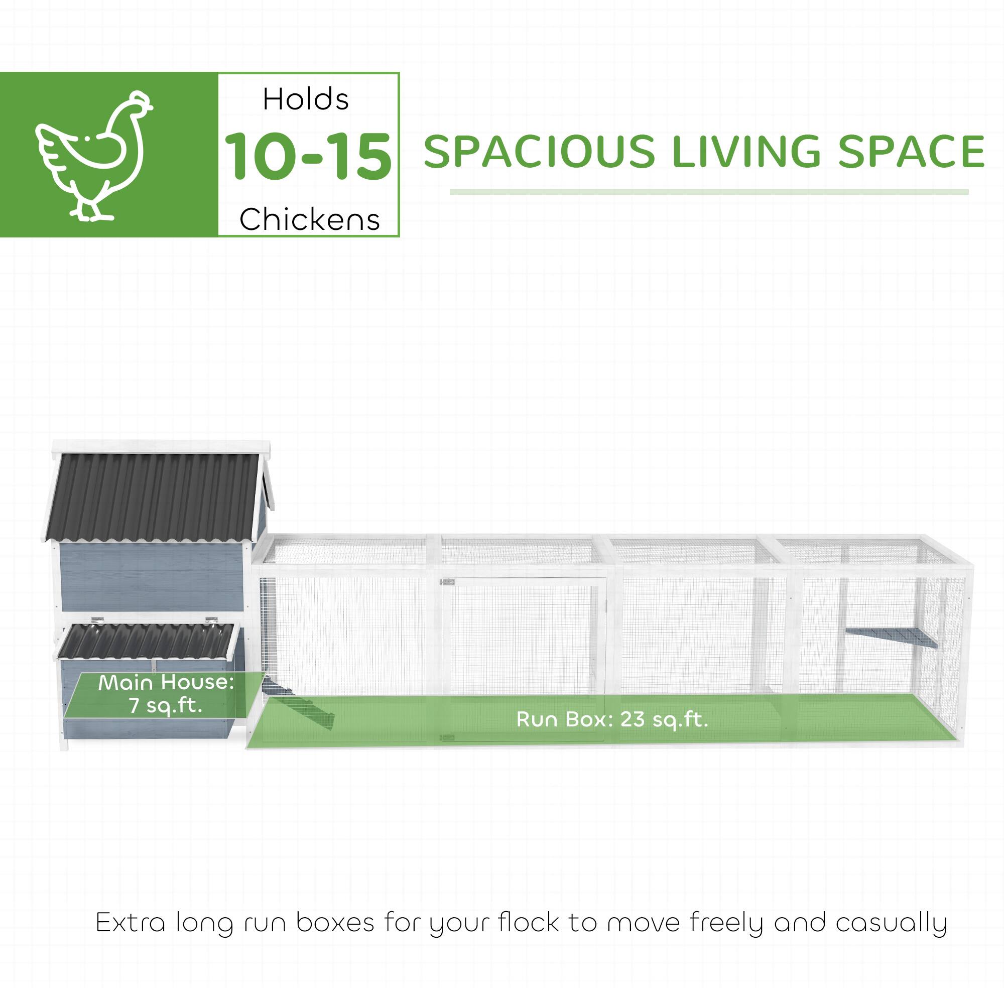 Holds 10-15 Chickens

SPACIOUS LIVING SPACE

Main House: 7 sq.ft.

Run Box: 23 sq.ft.

Extra long run boxes for your flock to move freely and casually