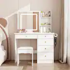 Front. Famapy - Sliding Mirror Vanity Desk with LED Light & Hidden Storage, Makeup Table with Side Shelf for Bedroom - White.